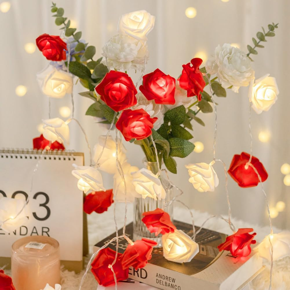 Cutitiuu Rose Flower Fairy String Lights,3.0M/30 LED Rose Fairy String Lights,Battery Powered,Bedroom Lights for Valentine'S Day Wedding Outdoor,Flower Strings Light for Wedding (Red+White)