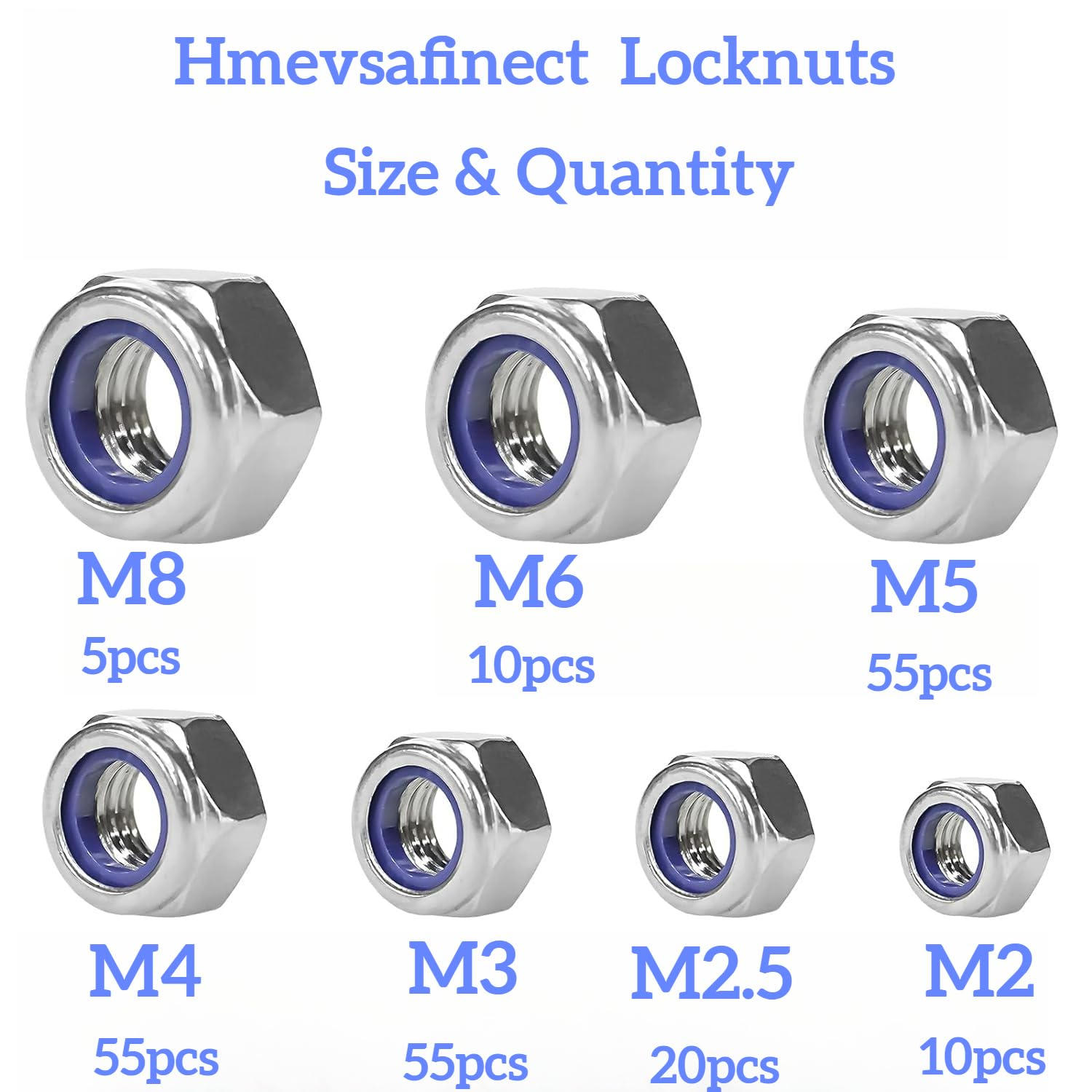 Locknuts Assortment Kit,M2 M2.5 M3 M4 M5 M6 M8 210PCS Metric Nylon Insert Lock Nuts Set,304 Stainless Steel Lock Nuts for Bolt (210 Set) image number 3