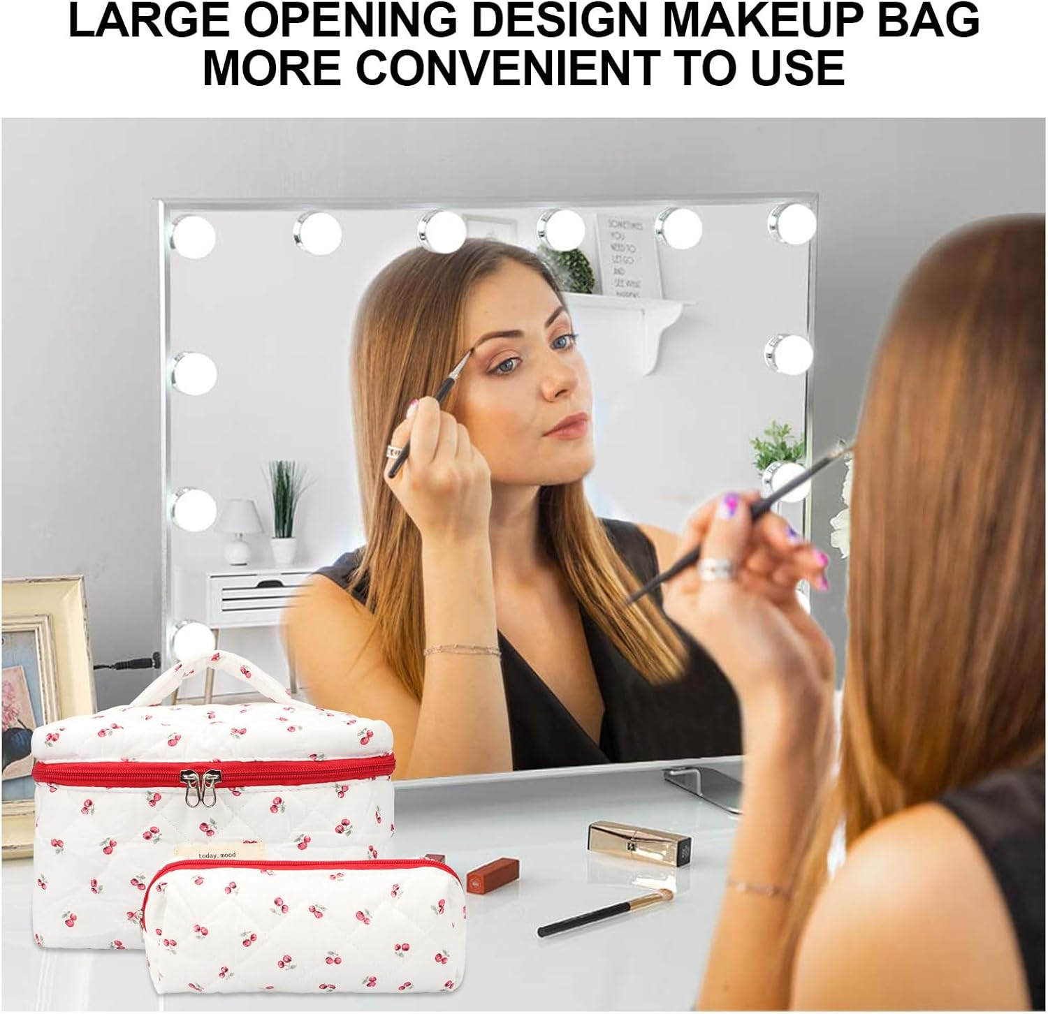 COZY CORE 3 Pack Quilted Cotton Makeup Bag Set, Cherry Travel Cosmetic Organizer with Toiletry Pouch, Portable Beauty Storage for Women Girls - Mothers Day Birthday Gifts (Cheery White)