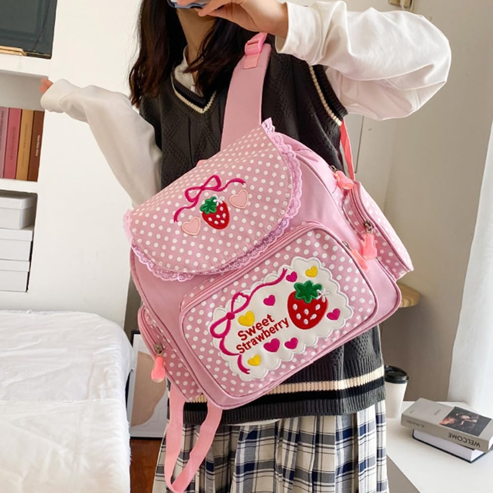 Kawaii Strawberry Embroidery Backpack for Girls Teens Students School Bag Satchel Cute Pink Lace JK Backpack, Pink, 30X37X13Cm, Kawaii Strawberry Embroidery image number 1
