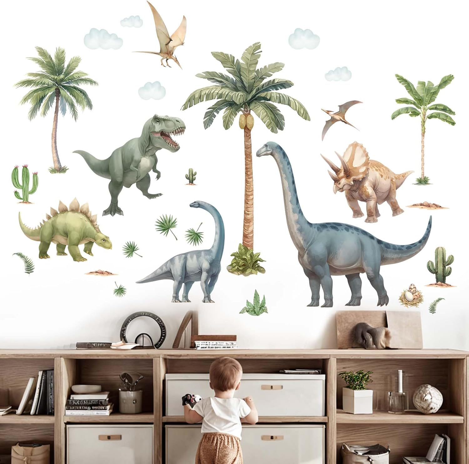 Amimagen Large Dinosaur Wall Decals - Tropical Palm Tree Leaf Dino Wall Stickers - Nursery Kids Baby Boys Room Daycare Playroom Classroom Wall Decor image number 4