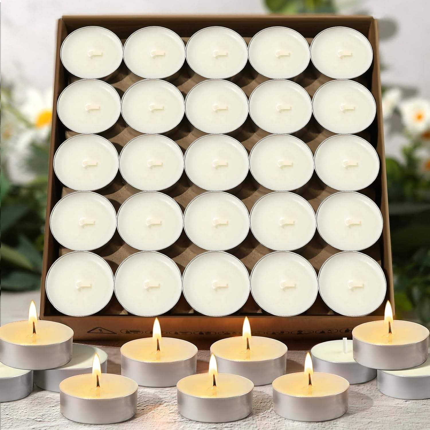 50 Pack Tealight Candles - Tea Lights Candles Unscented Tea Tree Lights Mini Votive, 4 Hours Long Burning White Tea Lights for Wedding, Table Centerpiece, Party, Power Outages image number 2