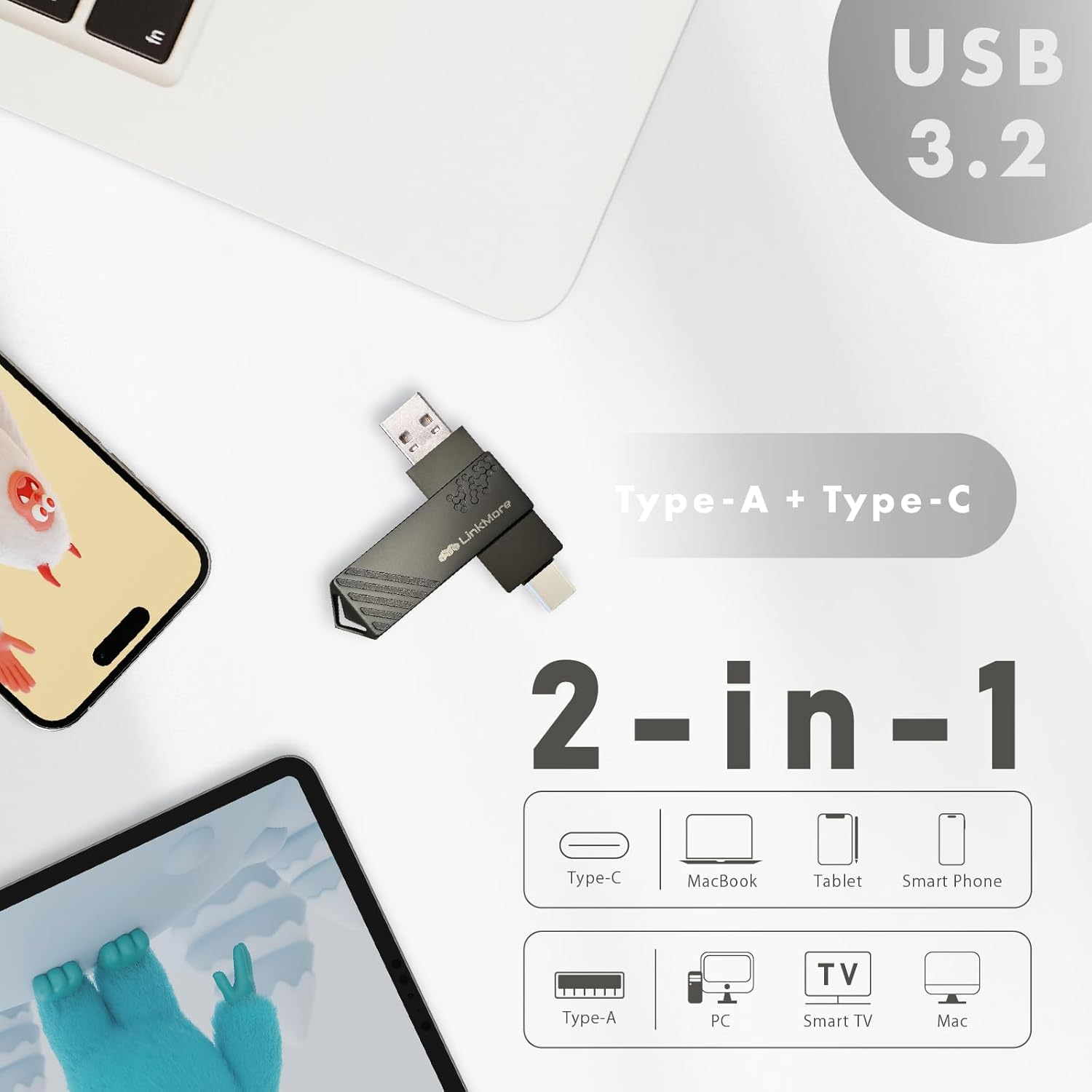 Linkmore 256GB USB/USB C Flash Drive, Type C USB C Flash Drive, USB C Memory Stick, 2In1 OTG Flash Drive for Android Phones, Iphone-15, Dual USB C Storage Flash Drive, 150Mb/S USB C Thumb Drive image number 1