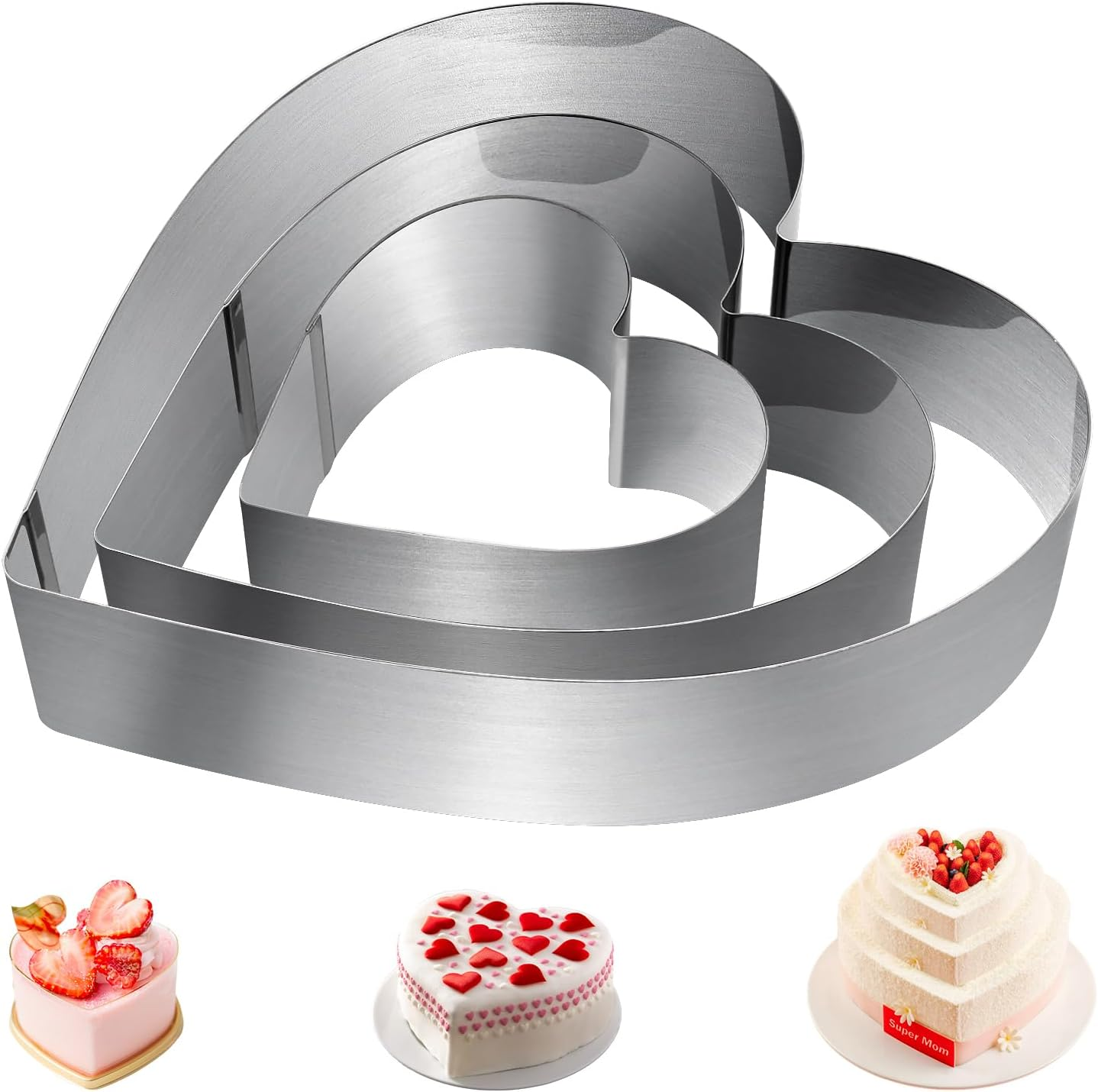 ZHIYUQL Heart Baking Mould, Set of 3 Heart Cake Ring, Silver Stainless Steel Baking Mould, Heart Dessert Rings, Baking Frame, Smooth and Heat Resistant for Cake Decoration, Backing, Holiday Party image number 1