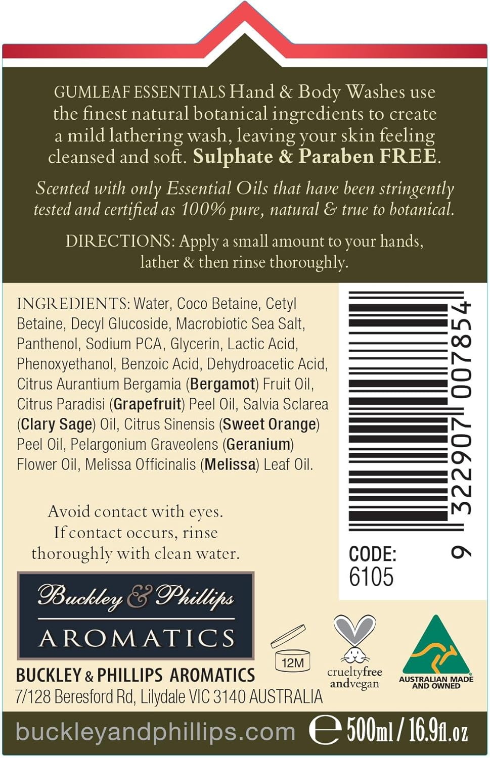 Gumleaf Essentials Happiness Hand & Body Wash - 500Ml, Australian Made & Owned, Cruelty Free & Vegan, 100% Pure & Natural image number 3