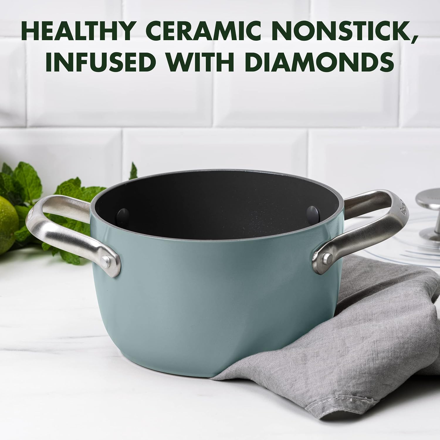 Greenpan Healthy Ceramic Nonstick, 2QT Rice Grains and Soup Maker, Caldero Pot with Lid, Pfas-Free, Induction, Dishwasher Safe, Oven Safe, Smokey Blue image number 6