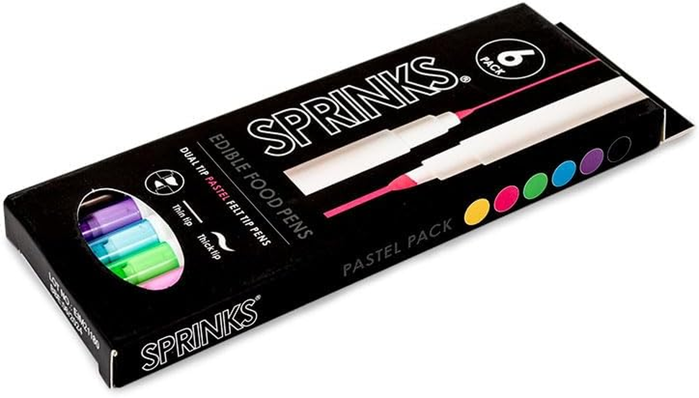 Sprinks Edible Food Pastel Pen Set | 6-Pieces | Edible Ink | Non-Toxic Fine Tip and Brush Tip | Cake Decorating | Sugar Paste | Chocolate | Meringues | Icing | Food Safe for Cookies and Desserts