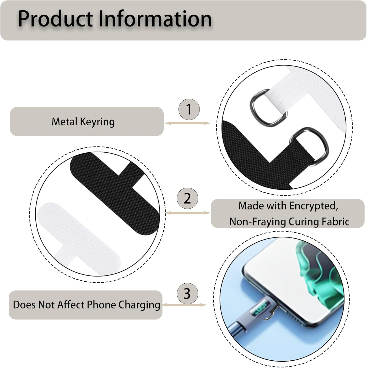 ONBPIY 4 Pcs Phone Tether Tab with Metal Rings, Compatible with Iphone, for Samsung Galaxy, Universal Lanyard Patch for Full Coverage Cases, 2 Black 2 White image number 5