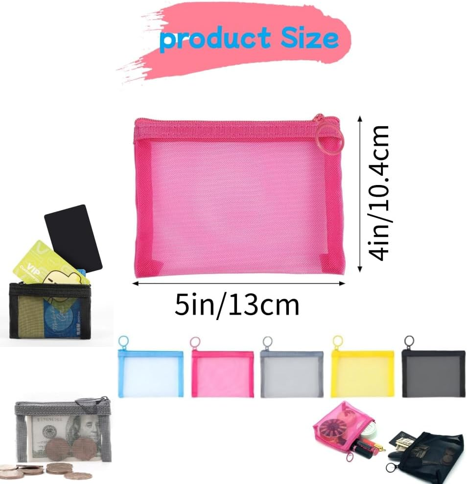 5 Pack Mini Zipper Mesh Bags, Portable Travel Cosmetic Pouch Kit Beauty Accessories Holder Bag Storage Coin Purse for Small Items Key (5-Color) image number 2