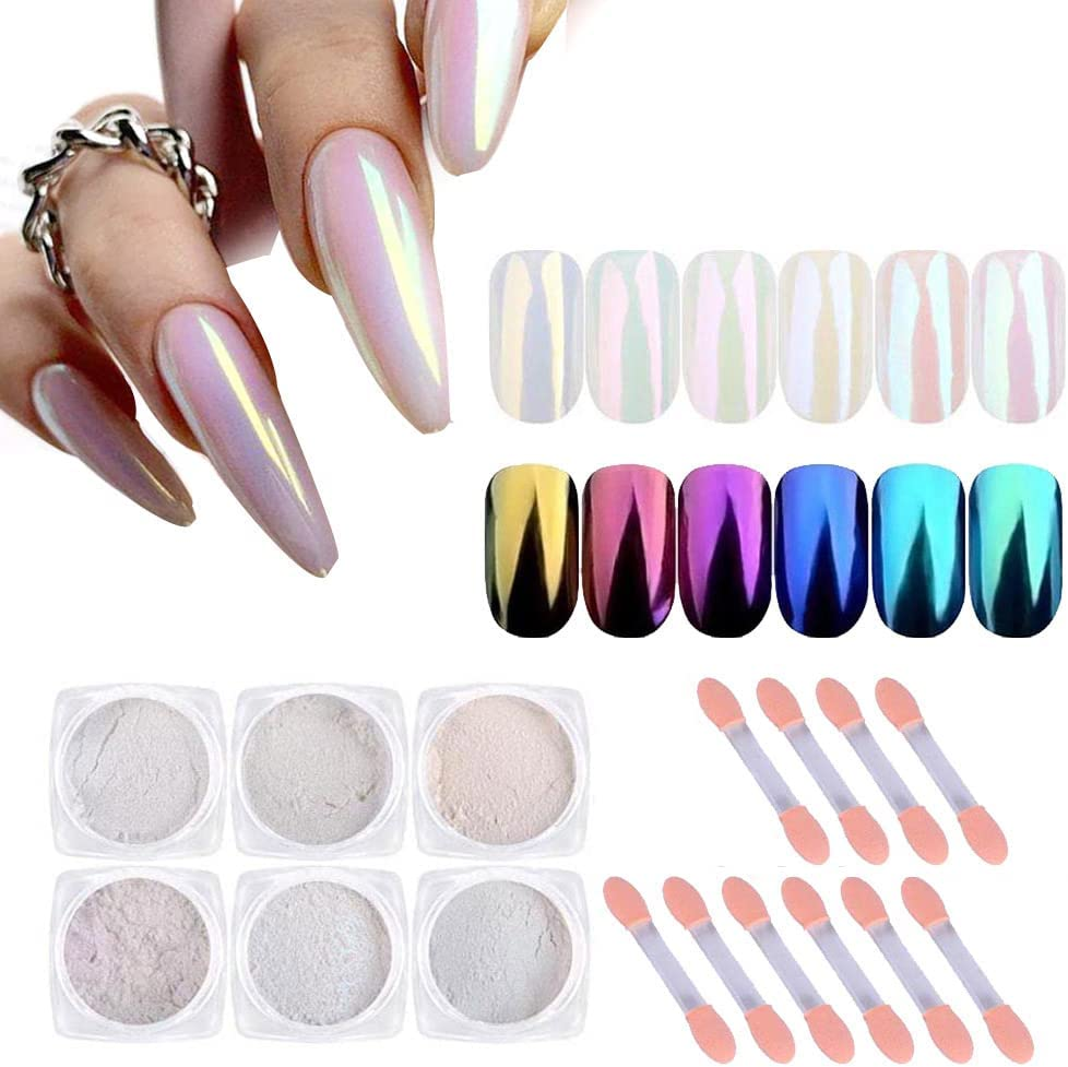 Pearl Nail Powder,6 Colors,Pearl Nails Powder Aurora Mica Powder for Resin Set, Metallic Nail Powder Mirror Multi-Chrome Powder Iridescent Nails Powder Manicure Pigment