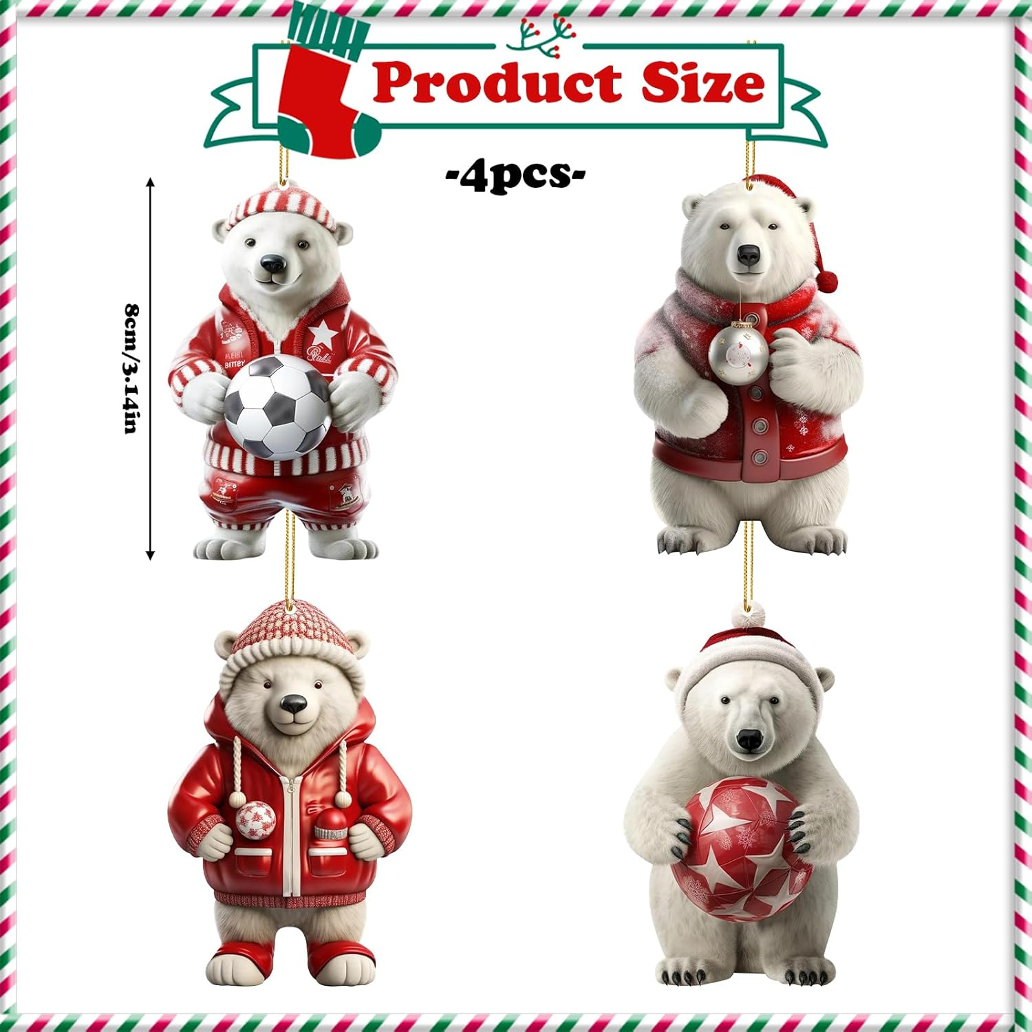 Falafoty Polar Bear Ornament, 4-Piece Acrylic Christmas Pendant Set, Multi-Colored, Hanging Decoration for Christmas Tree, Home, or Gifts