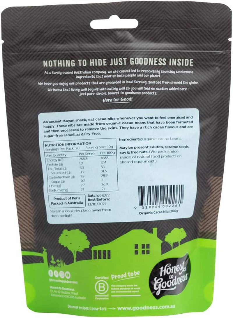 Honest to Goodness, Organic Cacao Nibs, 200 Grams - Pure, Unprocessed Chocolate in Its Finest Form! a Natural and Sugar-Free Alternative to Chocolate Chips!