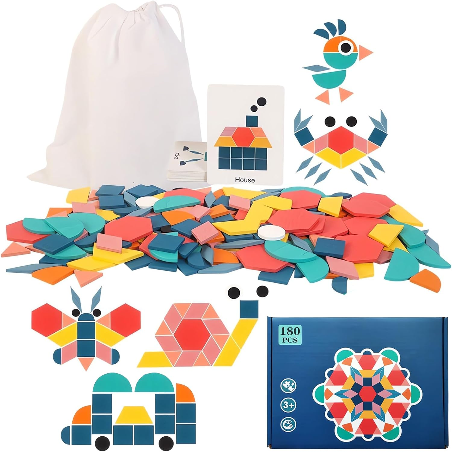 180 Pcs Wooden Pattern Blocks, Tangram Puzzles for Kids Ages 4-8, Montessori Toys Geometric Shapes Puzzle Set with Activity Cards, Educational Learning Toys for Children image number 2