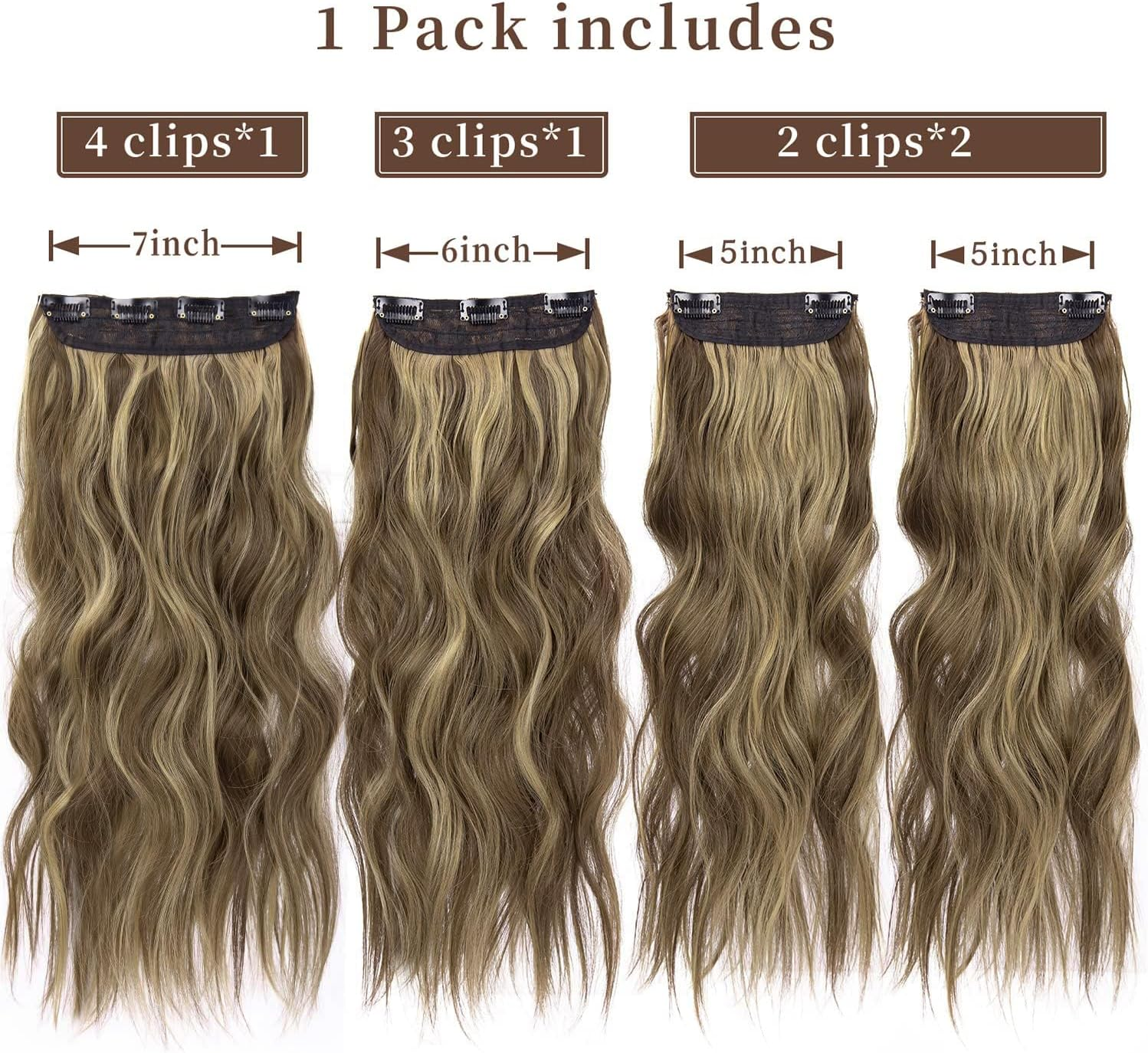 Creamily Brown Clip in Hair Extensions, 4Pcs Clip in Hair Extensions, 24 Inches Synthetic Curly in Hair Extension (Color: Honey Blonde Mixed Light Brown) image number 5