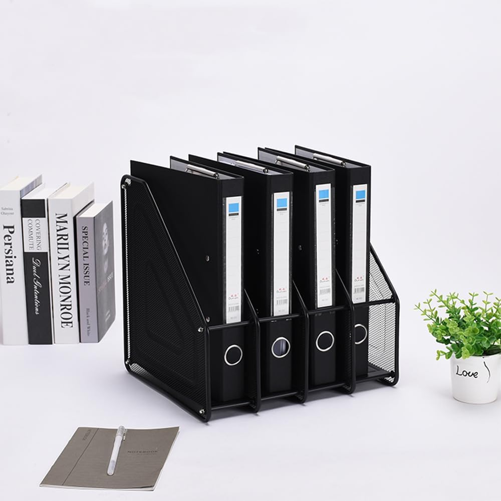 Mesh Desktop File Folder Organiser, 4-Compartment Desk Organiser for Document Folders, Vertical Filing Cabinet for Letter Mail Folder, Black Book Magazine Holder image number 1
