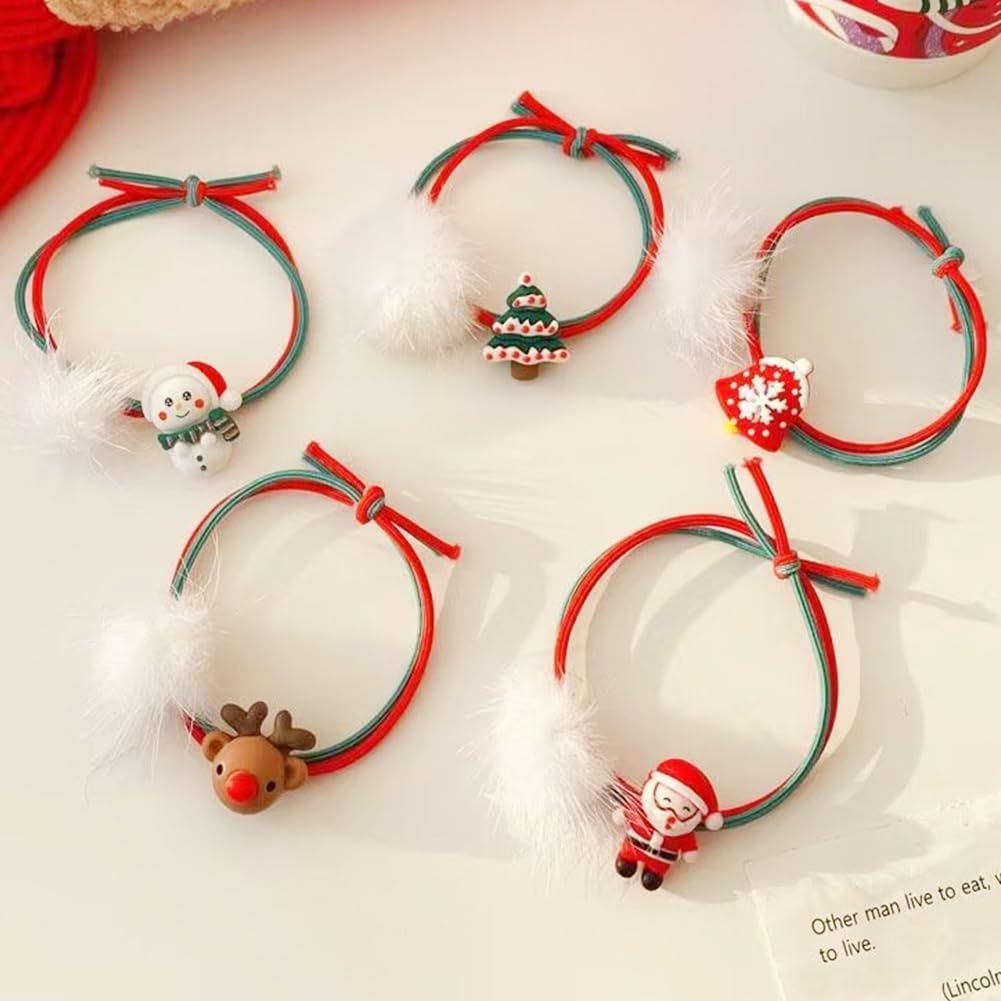 BRTNUP 5Pcs Pom Pom Hair Ties for Girls Christmas Elastic Hair Ties Ponytail Holders Hair Scrunchies for Women Girl Kids Hair Accessories image number 4