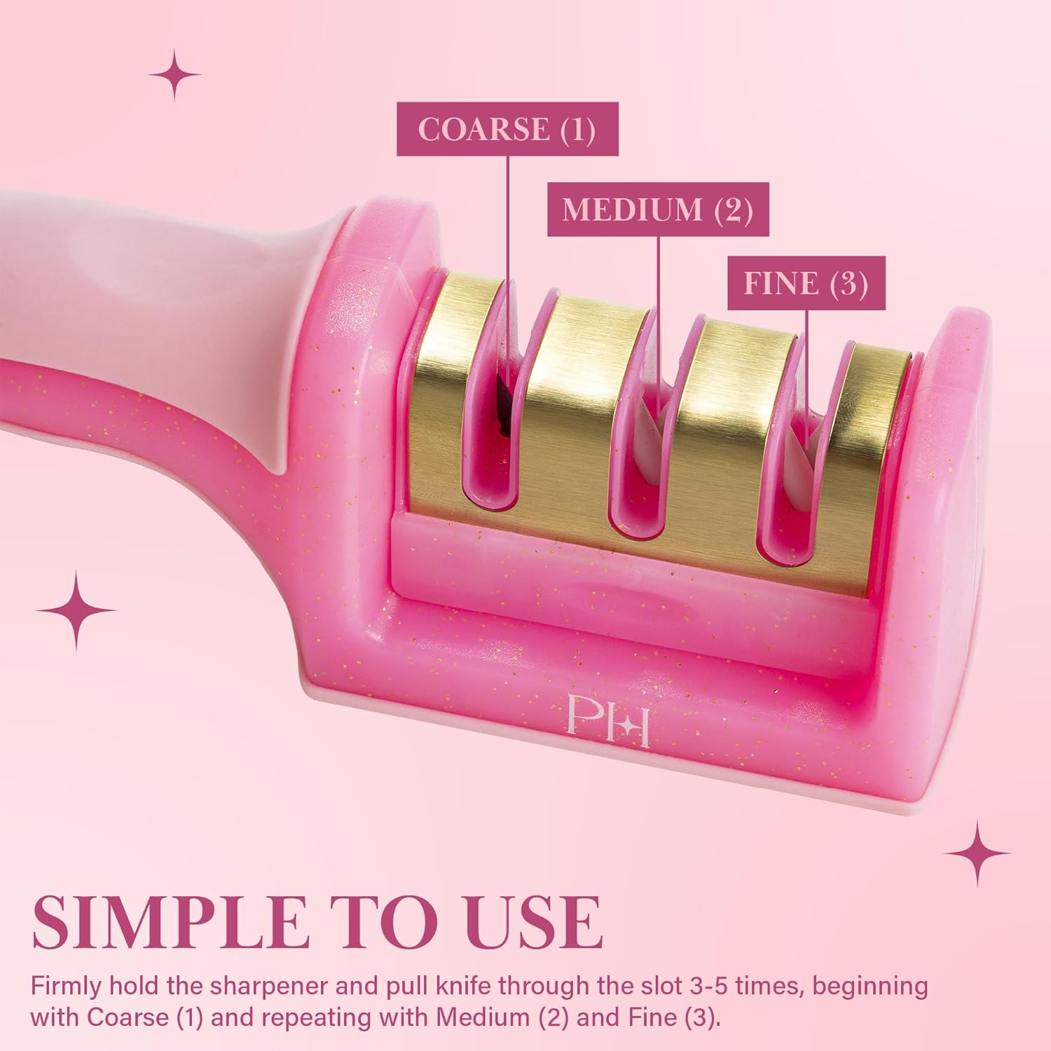 Paris Hilton 3-Stage Knife Sharpener, Professional Kitchen Knife Sharpener with Ergonomic Handle, Non-Slip Base, and Coarse, Medium, Fine Sharpening Stages, Pink image number 6