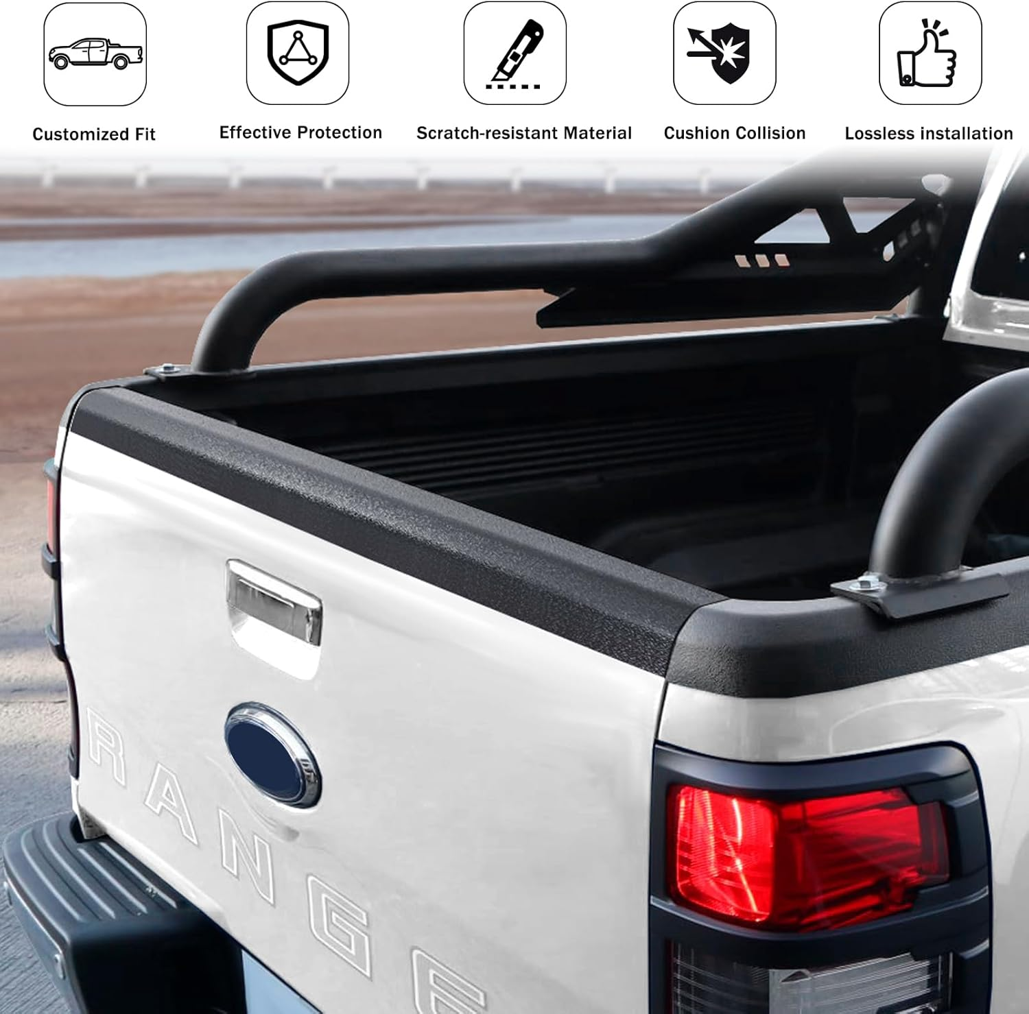 Tailgate Protector for Ford Ranger Accessories PX1 PX2 PX3 2011-2022, Tailgate Cover Rail Guard Cap Trim Textured Matte Black, Car Exterior