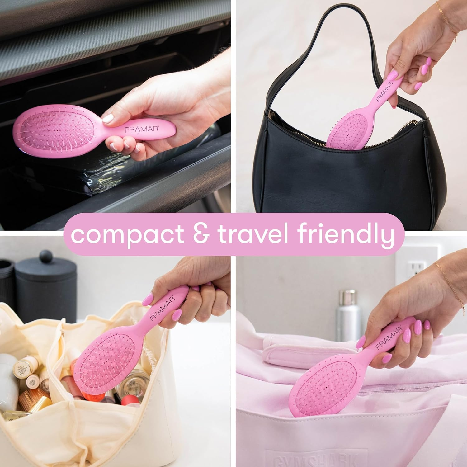 FRAMAR Mini Hair Brush Detangler &ndash; Mini Brush for Hair, Small Travel Hair Brush for Women, Travel Hairbrush Detangler, Compact for Travel, Reduces Breakage, for All Hair Types &ndash; Matte Pink - Black image number 5