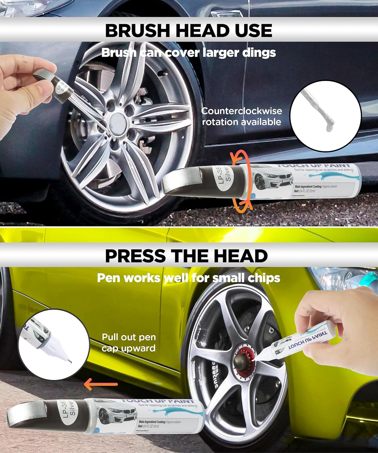 AOCISKA Car Paint,Touch up Paint,Car Accessories Wheel Touch up Paint,Wheel Repair Kit,Rim Scratch Repair Pen,Two-In-One Rim Paint for Automotive Scratch Repair (Silver) image number 5