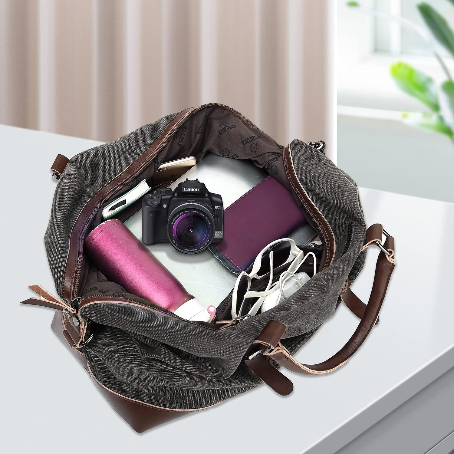 42L Large Genuine Leather Canvas Duffel Bag for Travel, Travel Tote Duffel Shoulder Weekend Bag Unisex Weekender Overnight Handbag Shoulder Bag, Black image number 5