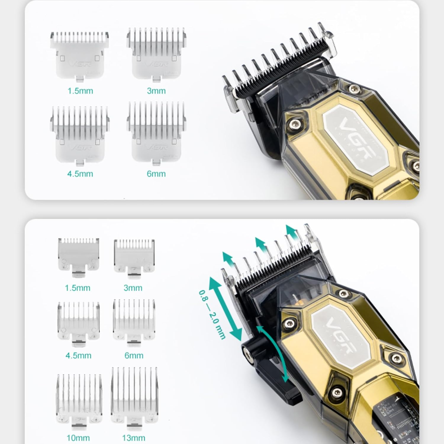 VGR Professional Hair Clippers for Men, Cordless Barber Clippers and Trimmers Set, Mens Hair Cutting Kit with 10 Guide Combs, USB Rechargeable Haircut Machine for Family, LED Display, Gold - Green image number 2