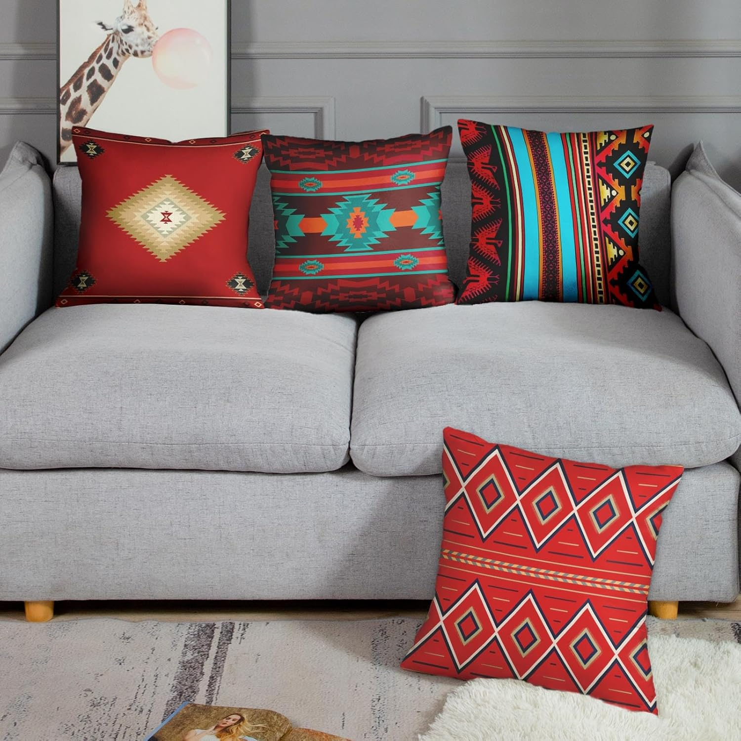 Artsocket Set of 4 Throw Pillow Covers South Southwest Western Tribal Red Native American Home Cultural Geometric Hue Country Decorative Pillow Cases Home Decor Square 18X18 Inches Pillowcases image number 2