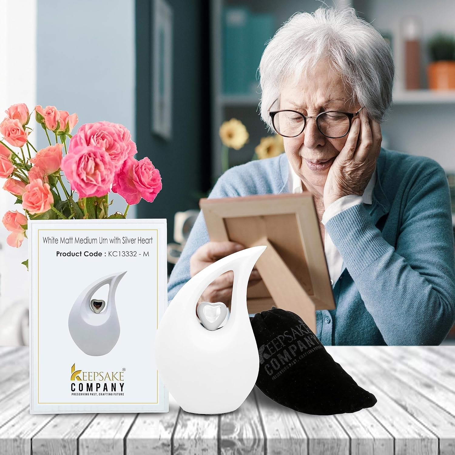 KEEPSAKE COMPANY White Tear Drop Medium Urns for Human Ashes with Silver Heart (6 Inch Height)-Unique Medium Urn-Decorative Urns-Cremation Urn-Burial Urns-Keepsake Urn-Funeral Urn-Funeral Urns image number 4