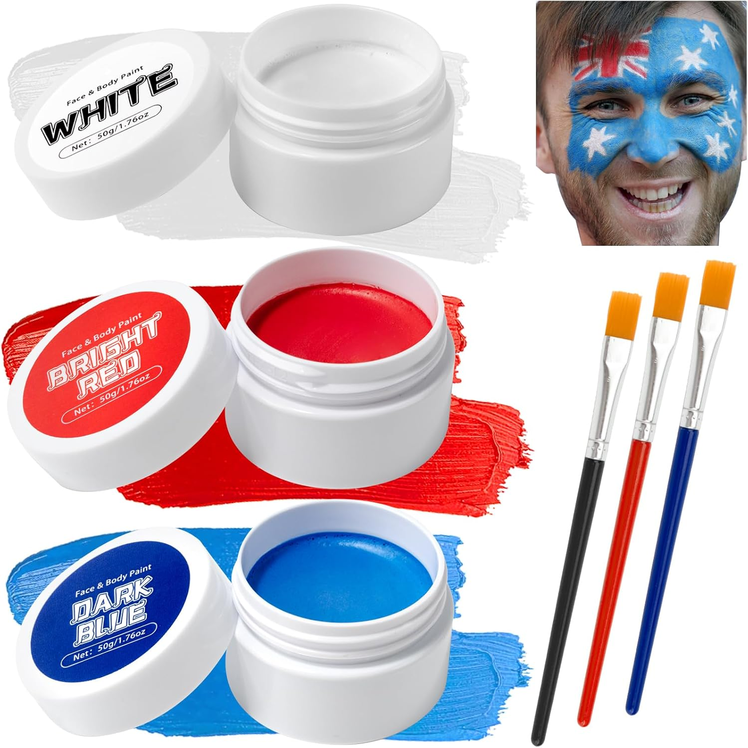 Tonjin Black + White + Red Face Body Paint Set,Non-Toxic Professional Paint Palette Kit with 3 Brushes for Kids & Adults Art Theater Halloween Party Cosplay Clown Corpse Paint SFX Makeup(150G)