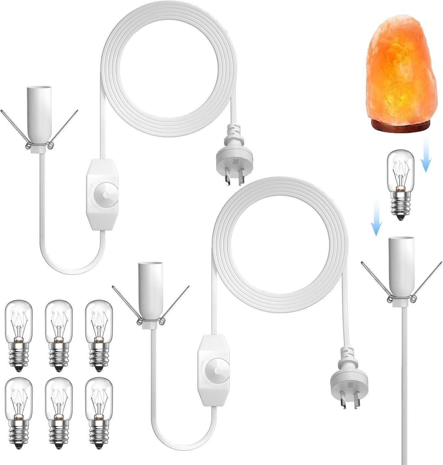 Tobebright 2X Salt Lamp Cord with On/Off Control Safe Plug and 6 Free E14 Bulbs, Salt Lamp Cord 1.8M, White Salt Lamp Power Cable Replacement Light Fitting Spare, for Himalayan Crystal Salt Rock Lamp