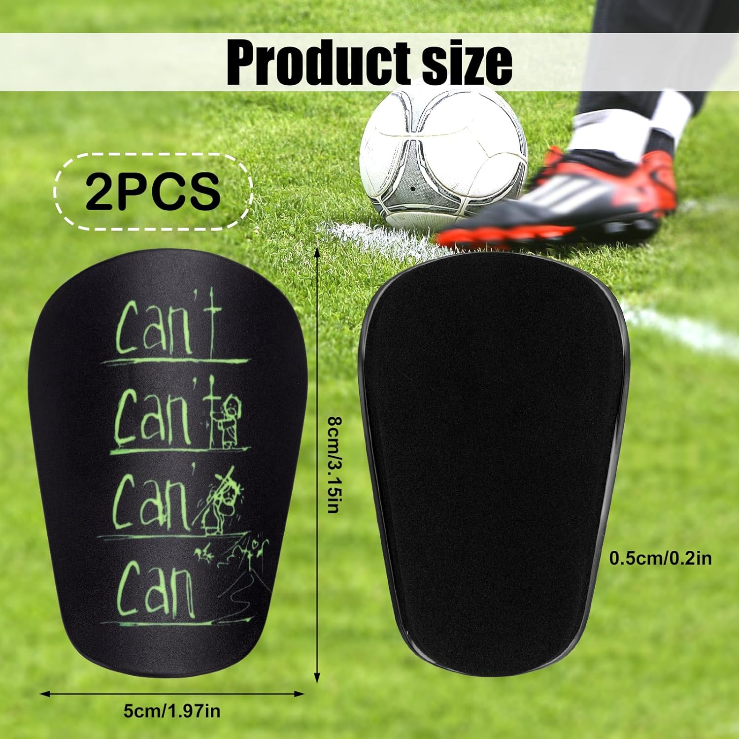 2Pcs Mini Shin Guard, 3.15X1.97 Inch Miniature Soccer Shin Pads Small Shin Protective Tiny Football Shin Supplies Cushion Protection for Kids Youth Adults (Green Text on Black Background) image number 6
