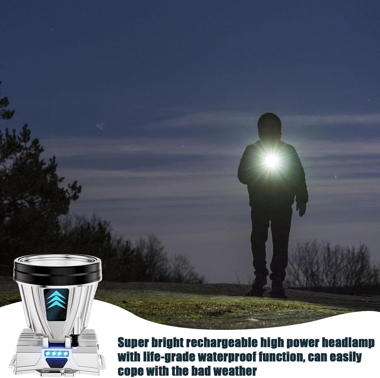 Rechargeable Headlights, Night Fishing Headlight | Outdoor Rechargeable LED Headlamp, Large Capacity Battery Search Light for Mountaineering, Cycling, Fishing, Camping image number 3