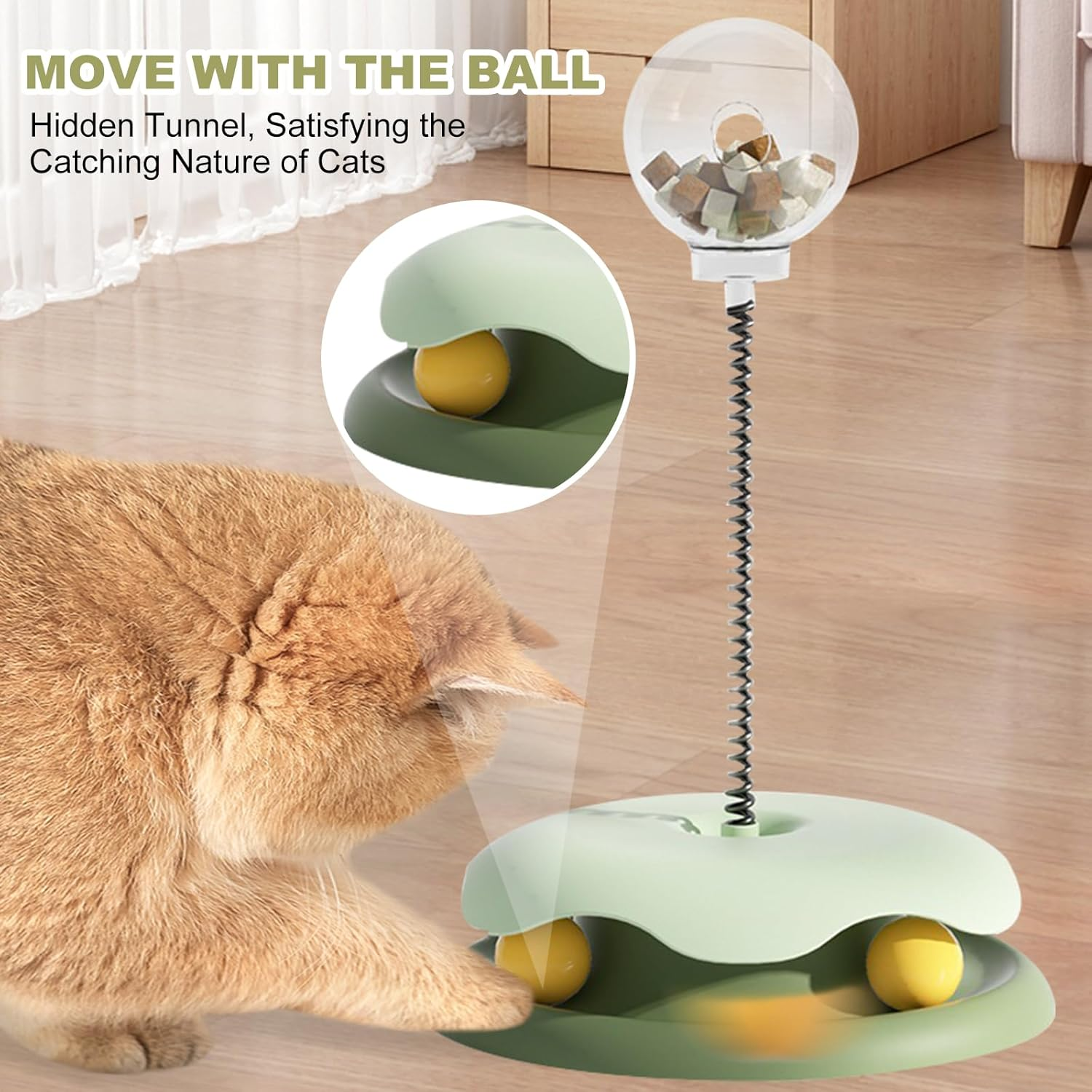 KECUSIN Cat Turntable Toy &ndash; Cat Interactive Slow Feeder Toy, Rotating Turntable with 2 Rolling Balls & Bouncy Steel Spring for Engaging Play and Healthy Eating. (Blue) - Green image number 6