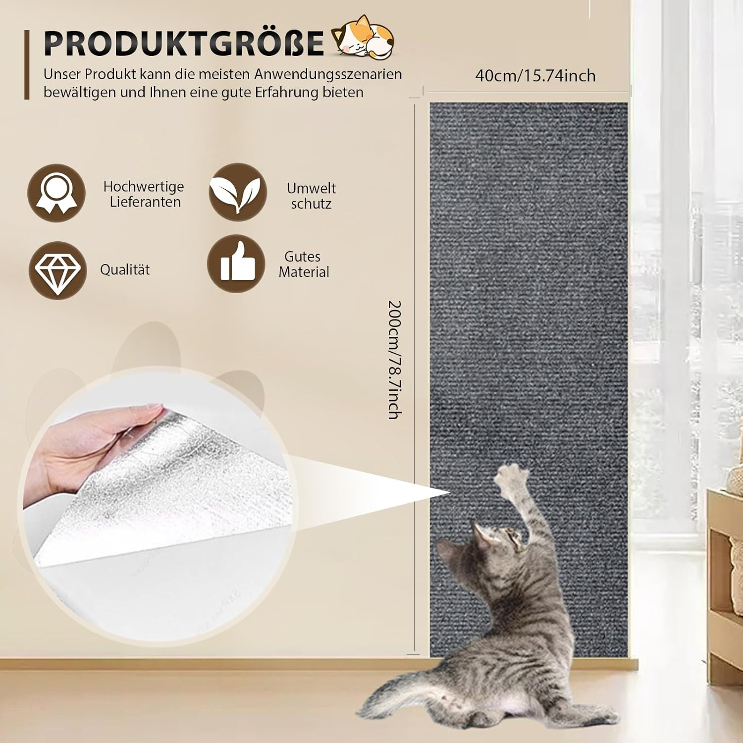 Self-Adhesive Cat Scratching Board Wall 200 X 40 Cm Cat Scratching Mat, Cat Scratching Mat, Cat Scratching Boards, Scratching Corner for Cats, Light Grey image number 6