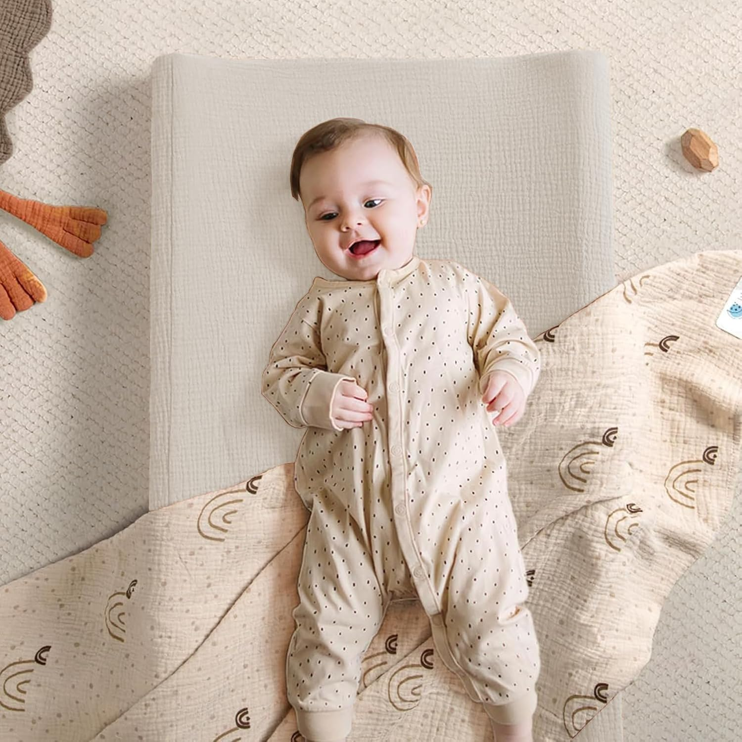 2Pcs Changing Pad Cover, Cotton Diaper Changing Pad Cover with Elasticated Straps, Soft Breathable Changing Pad Sheets Cover, Diaper Changing Pad Cover Suitable for Girls and Boys - Apricot Caramel Color image number 6