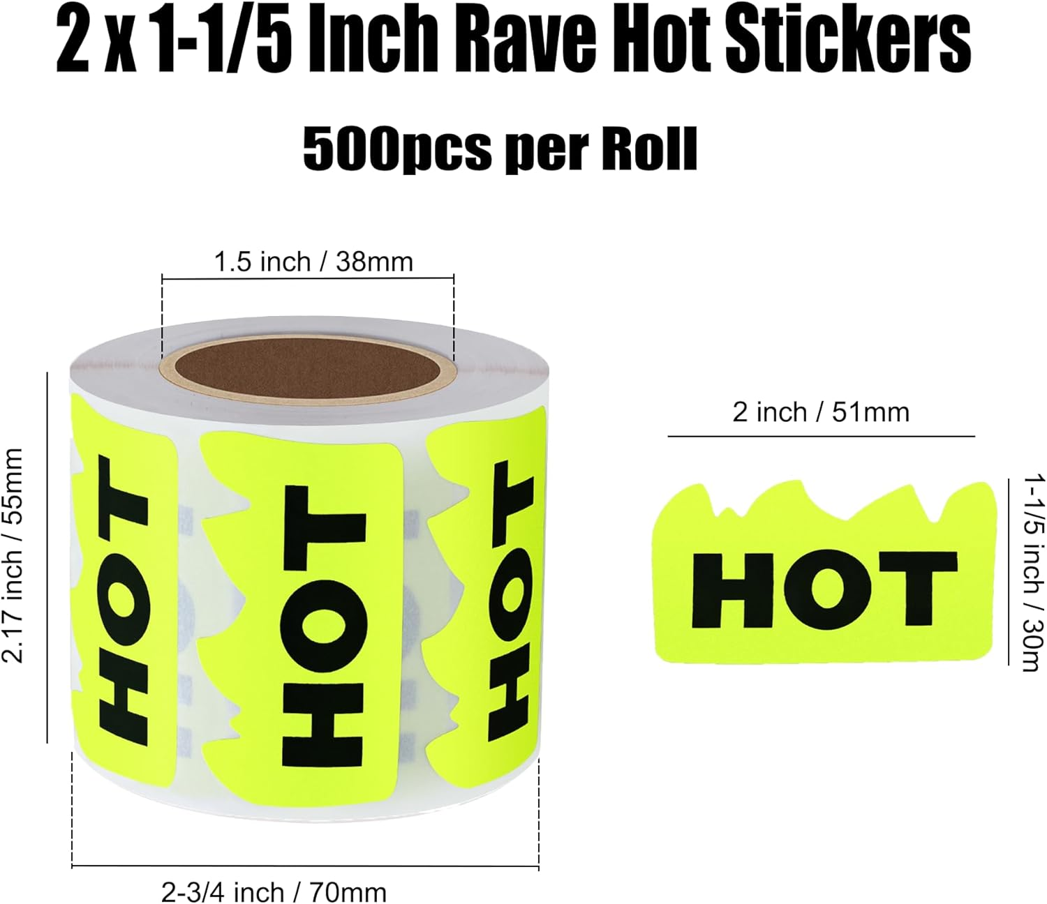 Hybsk 2 X 1.18 Inch Hot Stickers 500 Pcs Fluorescent Yellow Flame Fire Sticker Labels for Restaurant Supermarkets Stores Coffee Shops (Fluorescent Yellow) - Fluorescent Green image number 3