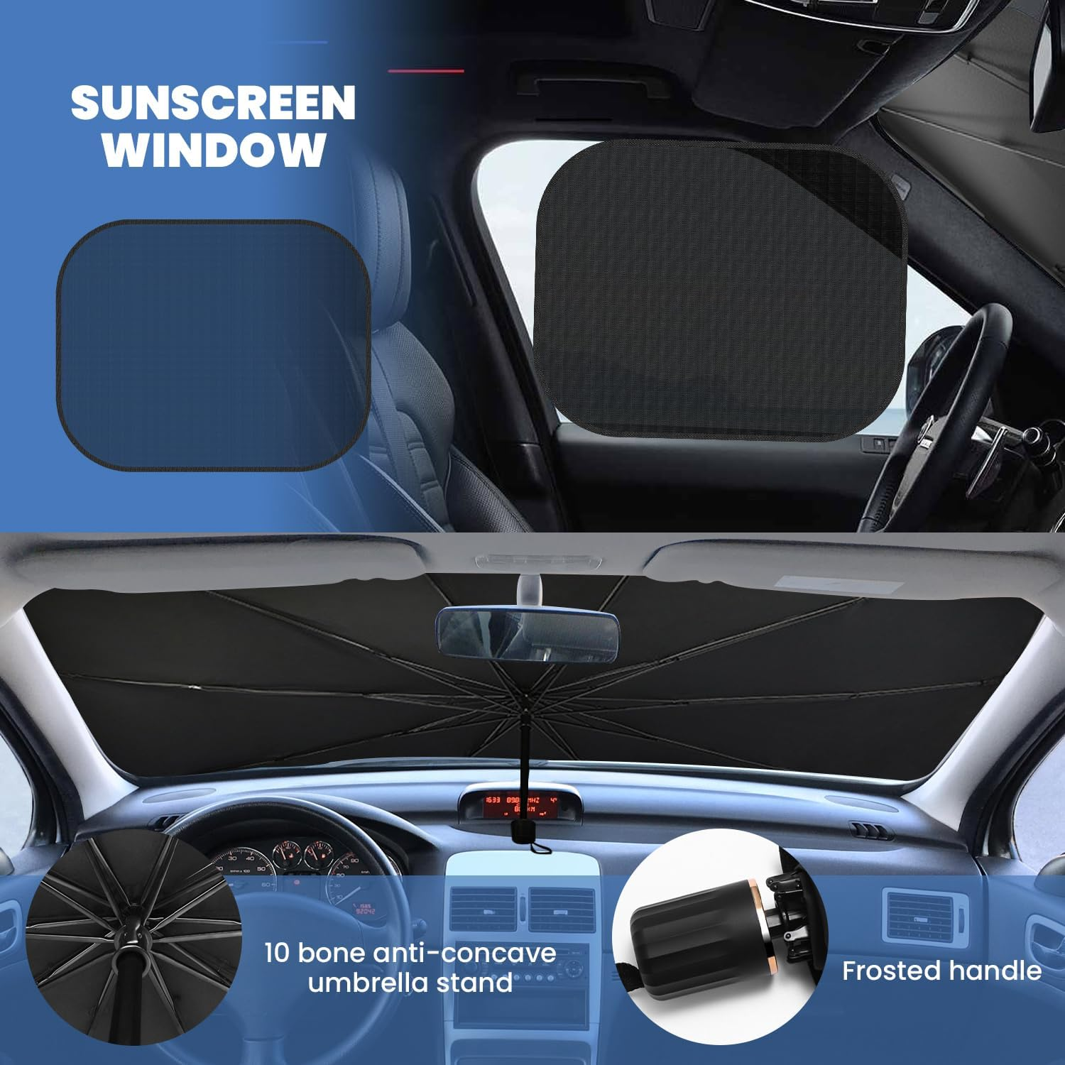 Necomi Car Windshield Sunshade Shade, Foldable Car Windshield Sun Shade Cover with 4 Mesh Side Sunshades, Heat Insulation with Leather Storage Bag, Suitable for Most Cars & Suvs, Size: 140&times;78 Cm