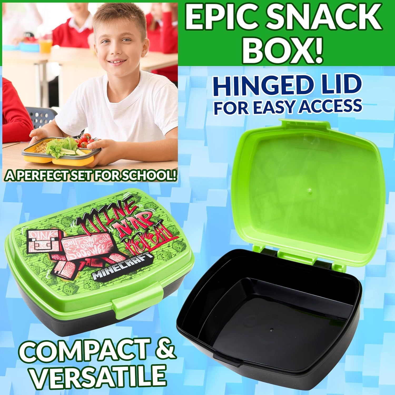 Minecraft Insulated Kids Lunch Bag Lunch Box and Kids Water Bottle 420Ml, 3 Piece Set for School or Travel, Gamer Gifts image number 2