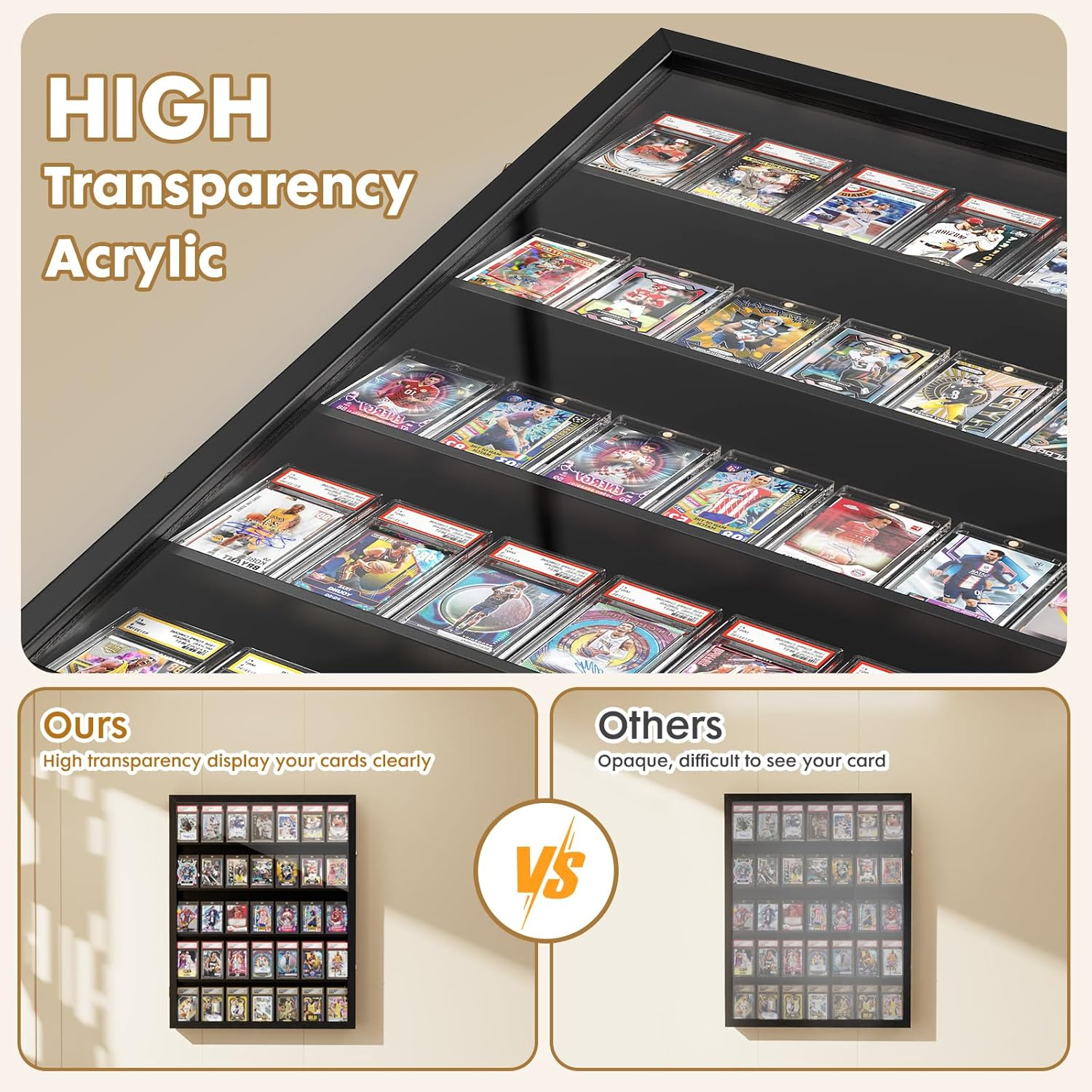 Baseball Card Display Case for 35 Graded Sports Cards Display, Large Clear View Trading Card Display Frame, Lockable Wall Cabinet for Basketball Football Hockey Trading Cards，Black image number 4