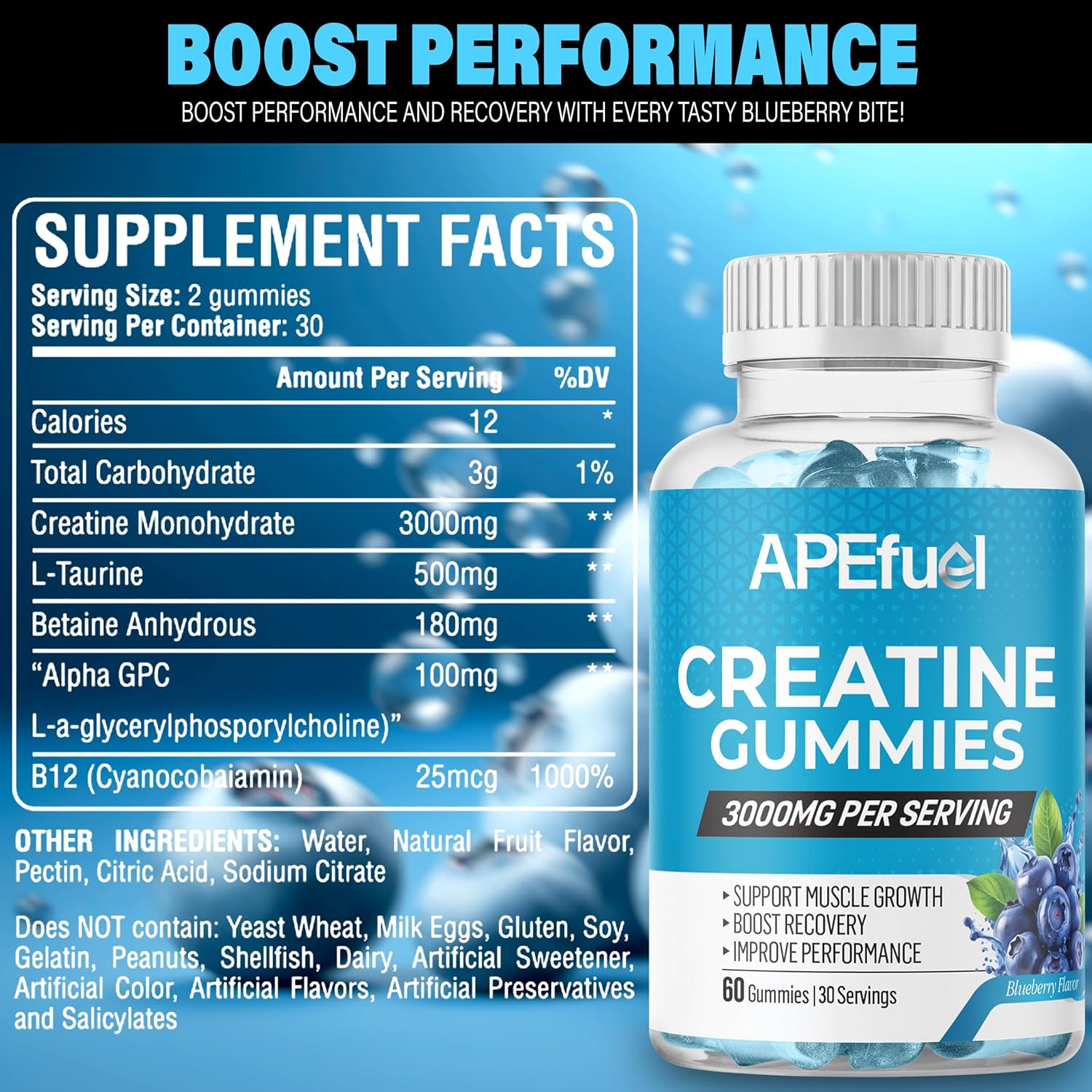 Apefuel Creatine Gummies for Men & Women - Sugar-Free Blueberry Flavored Pre-Workout Gummies for Muscle Growth, Strength & Cognitive Support - 3000Mg Creatine Dietary Supplement (30-Days Supply) image number 3