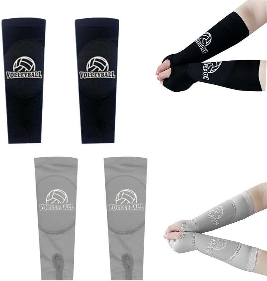Volleyball Arm Sleeves with Protective Padding, 2 Pairs, Thumbhole Design, Black image number 5