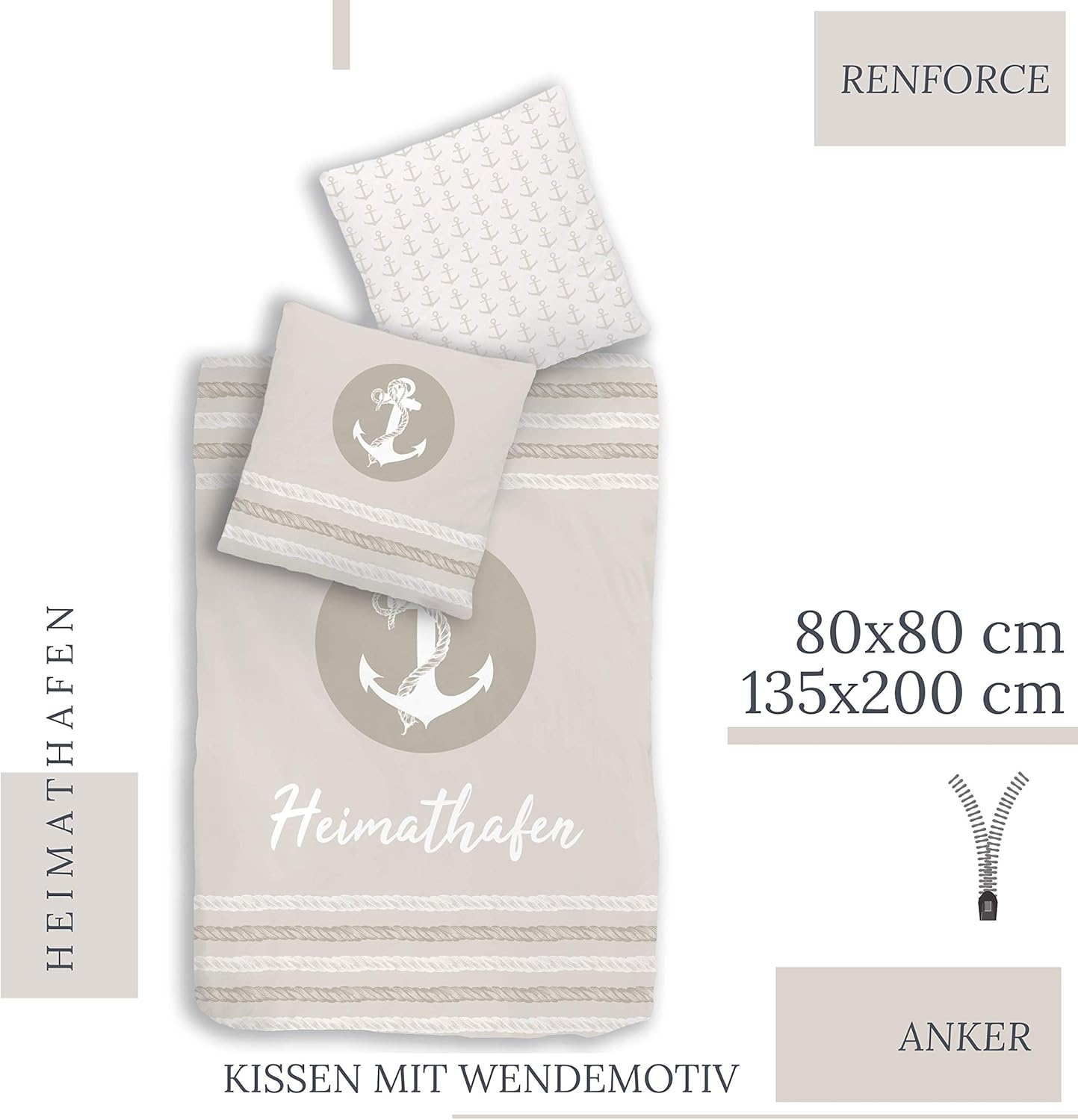 Traumhelden Anchor Bed Linen 135 X 200 Cm, Partner Bed Linen, Home Port, Pillowcase 80 X 80 Cm, Duvet Cover 135 X 200 Cm, 100% Cotton, 4-Piece Set image number 3