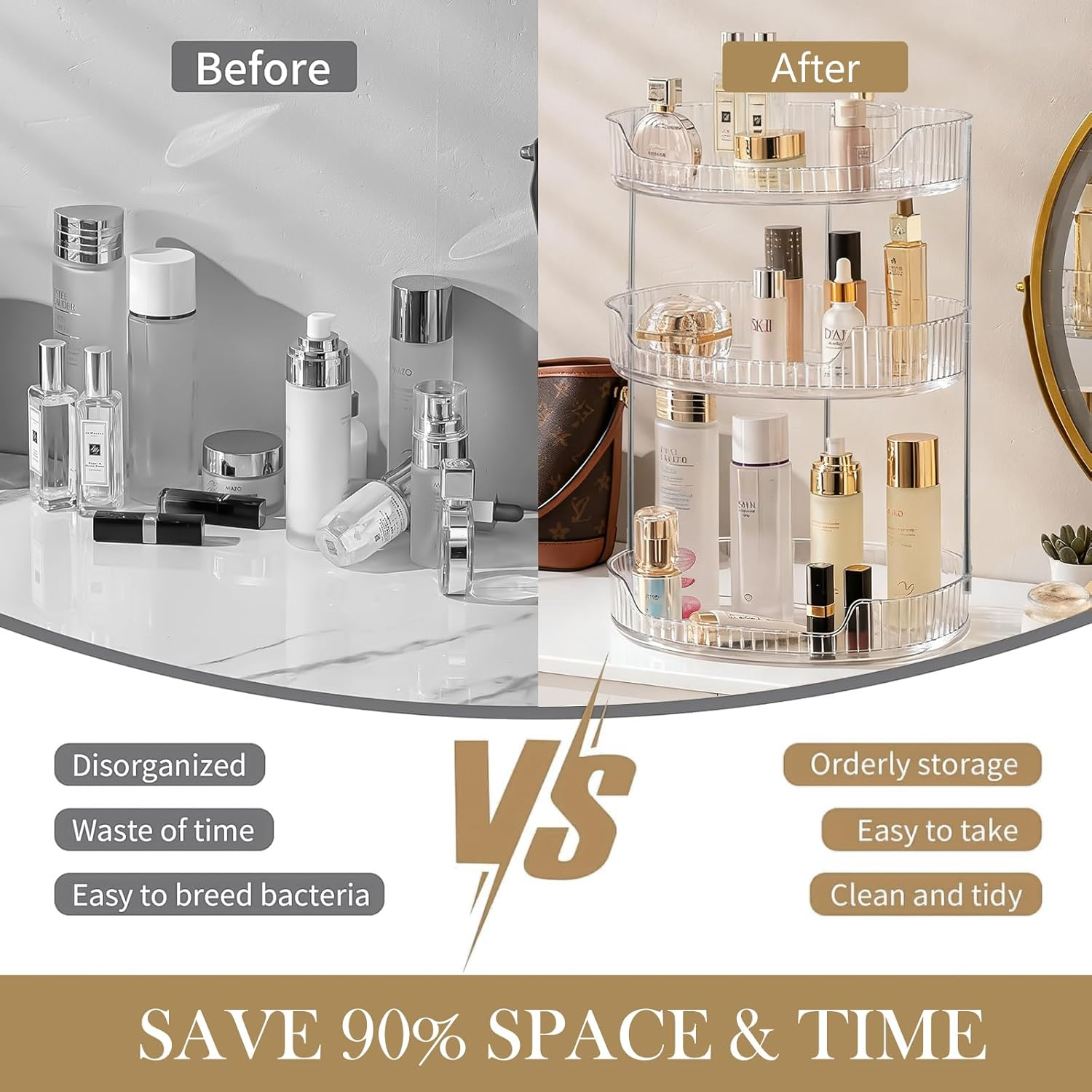 YUDSKU Makeup Organiser, 360 Rotating Spinning Skincare Cosmetic Organiser 3 Tier Large Beauty Spinny Makeup Storage Organiser, Storage Display Case for Bathroom Countertop, Dresser, Vanity image number 4