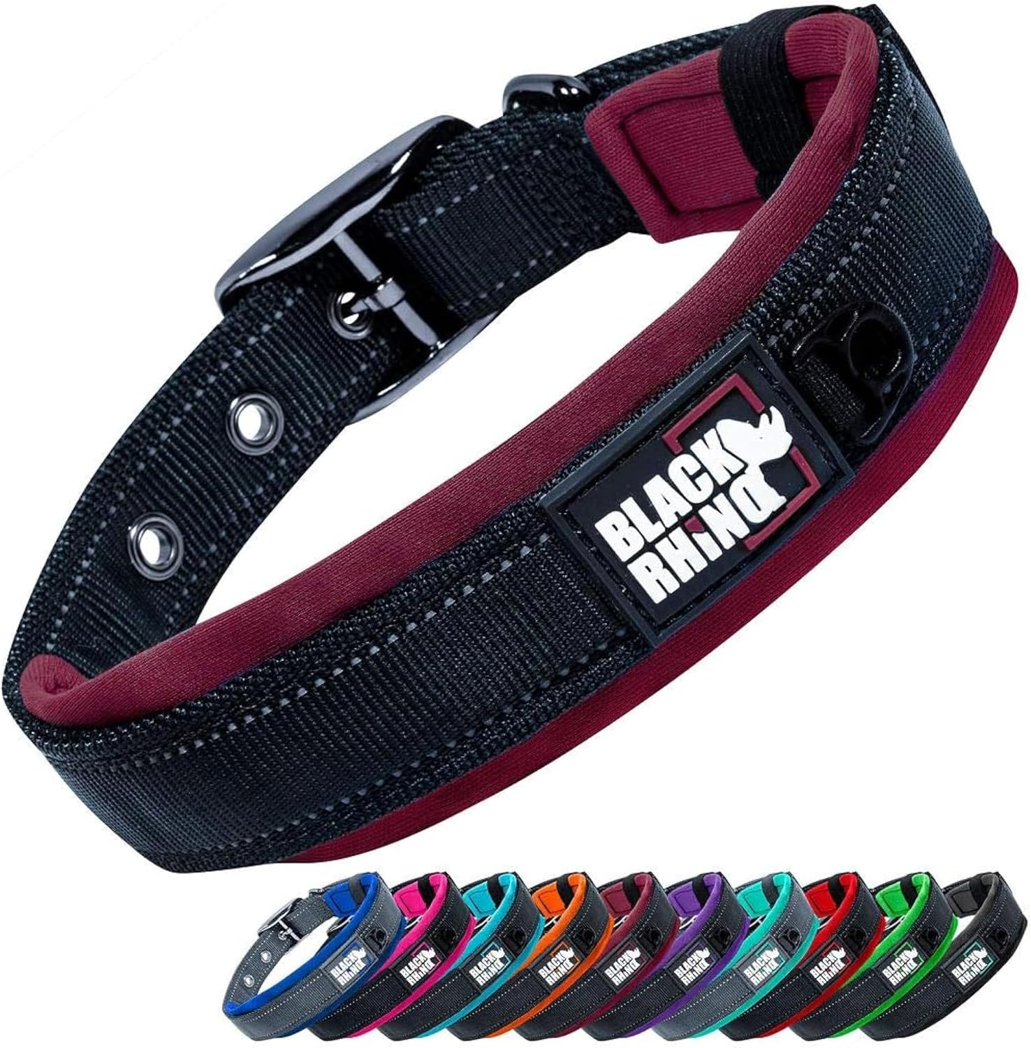 Black Rhino - the Comfort Collar Ultra Soft Neoprene Padded Dog Collar for All Breeds - Heavy Duty Adjustable Reflective Weatherproof (Large, Burgundy/Bl)