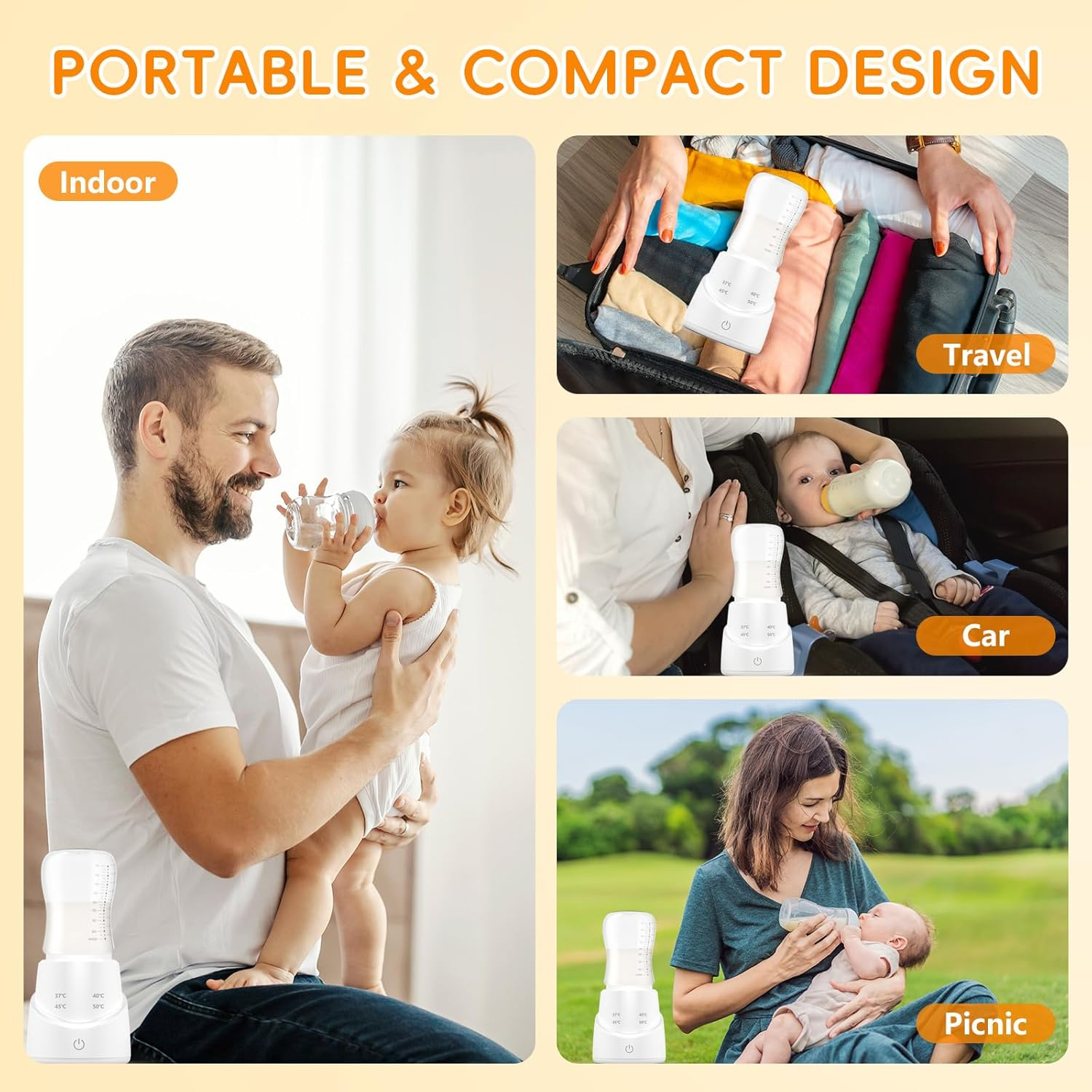 Advwin Portable Milk Warmer, Fast Baby Bottle Warmer for Breastmilk, Formula, Water, USB Rechargeable Bottle Warmer for Travel, W/ 4 Apapters