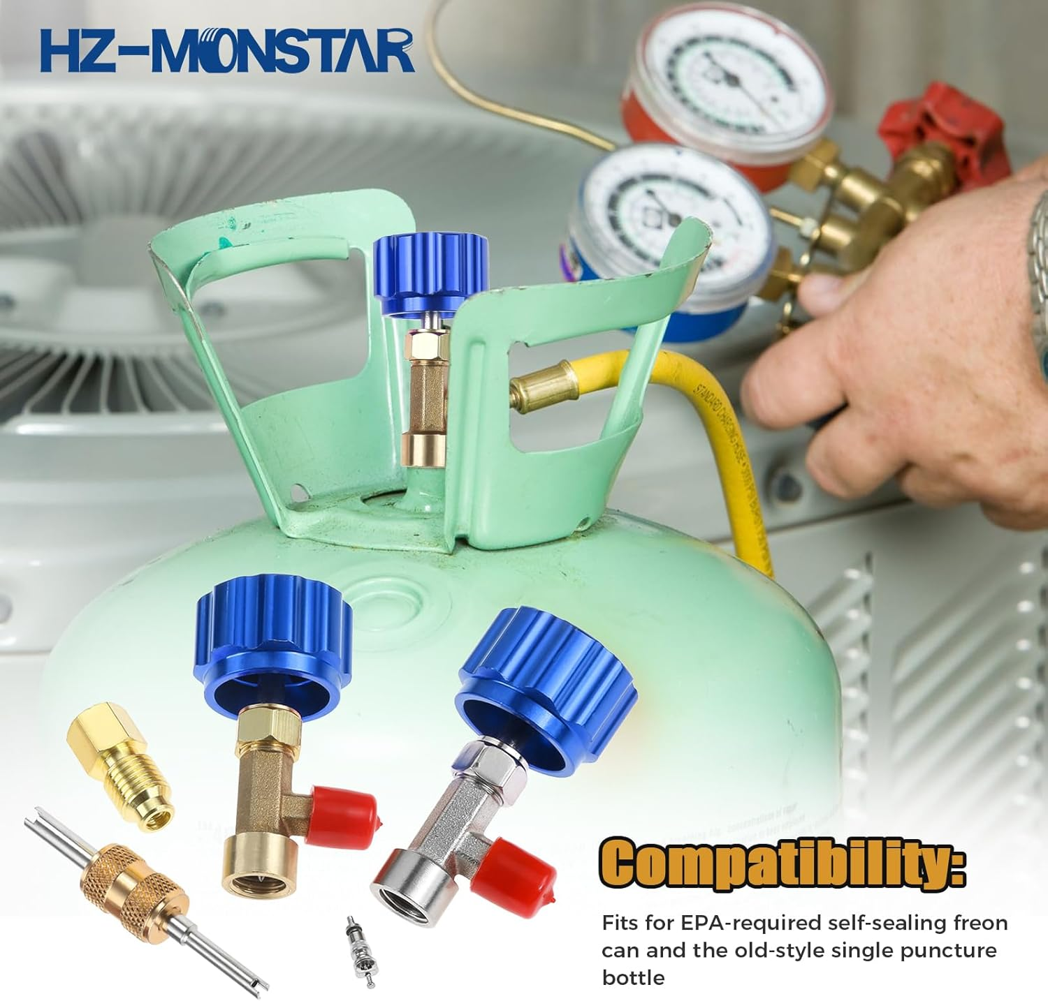 R134A Can Tap, Self Sealing R134A Refrigerant Dispenser with 1/2" Acme 1/4" SAE Adapter, R134A Self Sealing Can Tap and Puncture AC Freon Can 134A Adapter Fittings for AC System Blue image number 1