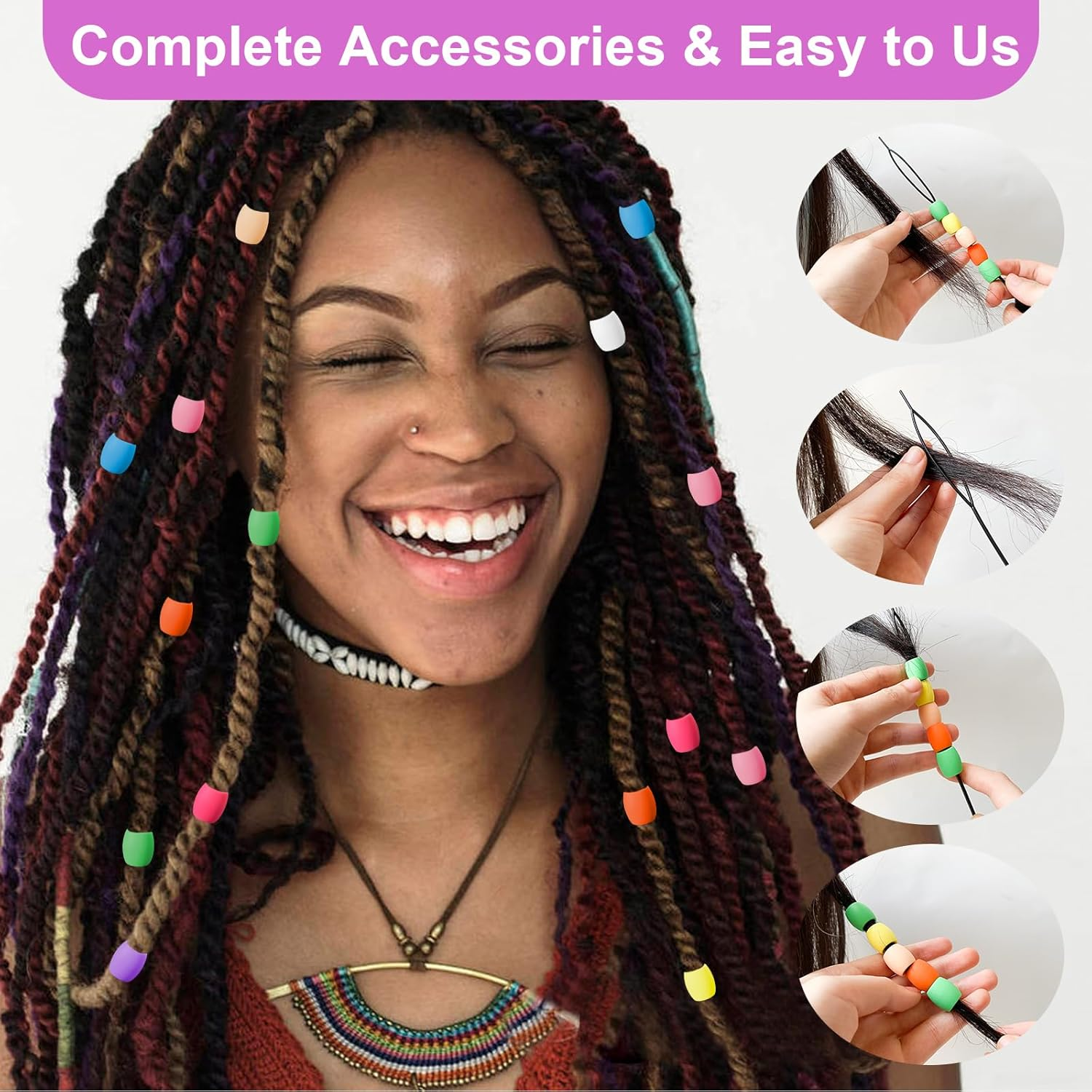 Jongdari 60Pcs Silicone Hair Beads for Kids Girls, Colorful Rainbow Large Soft Rubber Pony Beads Kit - 60Pcs, 10 Colors - Multicolor image number 5