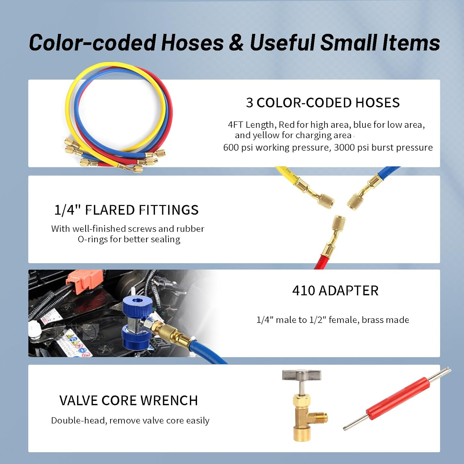 PB Motor Tech Vacuum Pump Set, 4.5 CFM Pump with Aluminum Manifold Gauge, Quick Couplers, 410 Adapter, Can Tap Valve Core Tool & Carrying Tote, for R134A, R410A, R22, R404A Refrigerants image number 2