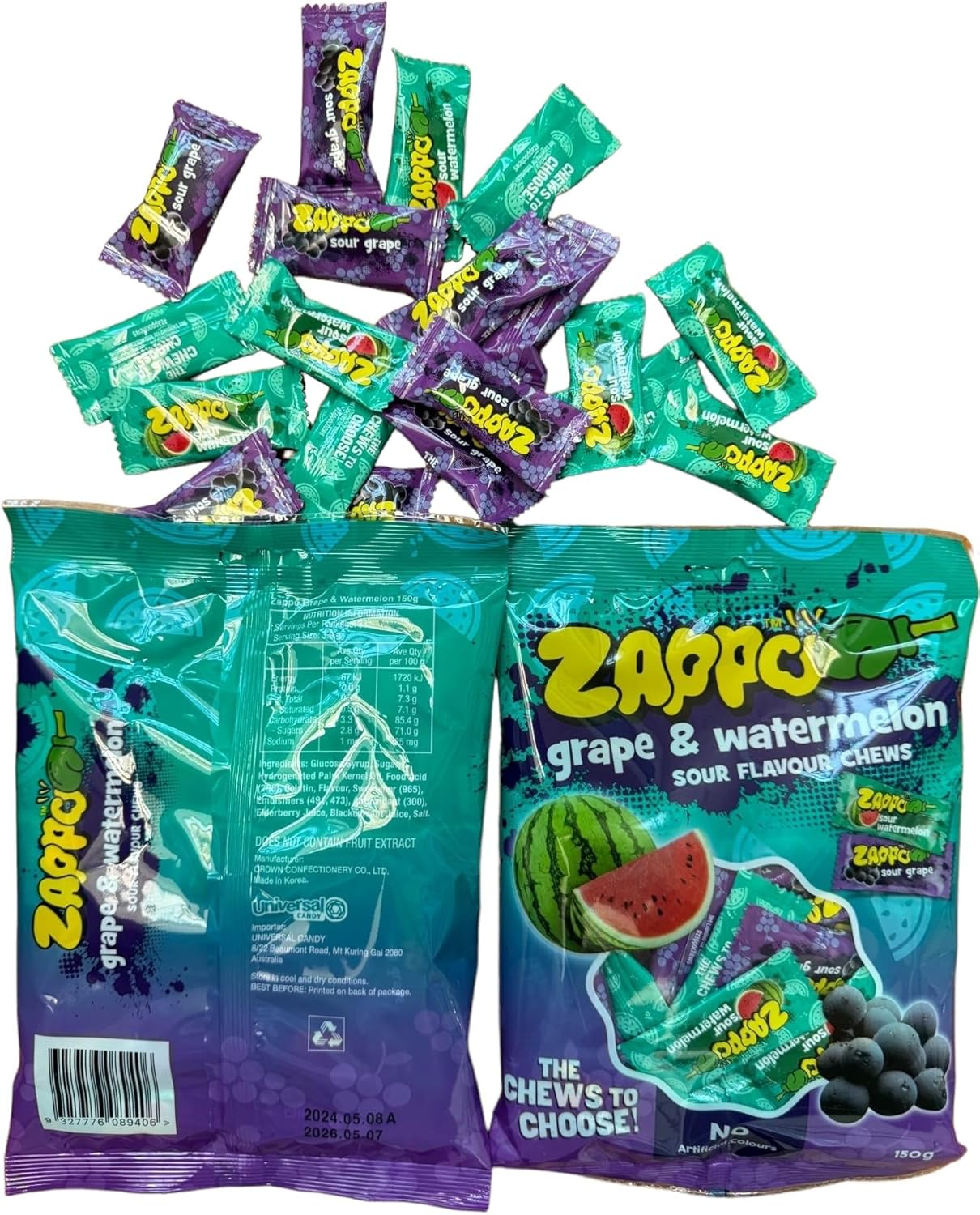 Zappo Grape and Watermelon Sour Chews 150 G Bag Chewy Lollies for Snacking and Lolly Bags image number 2