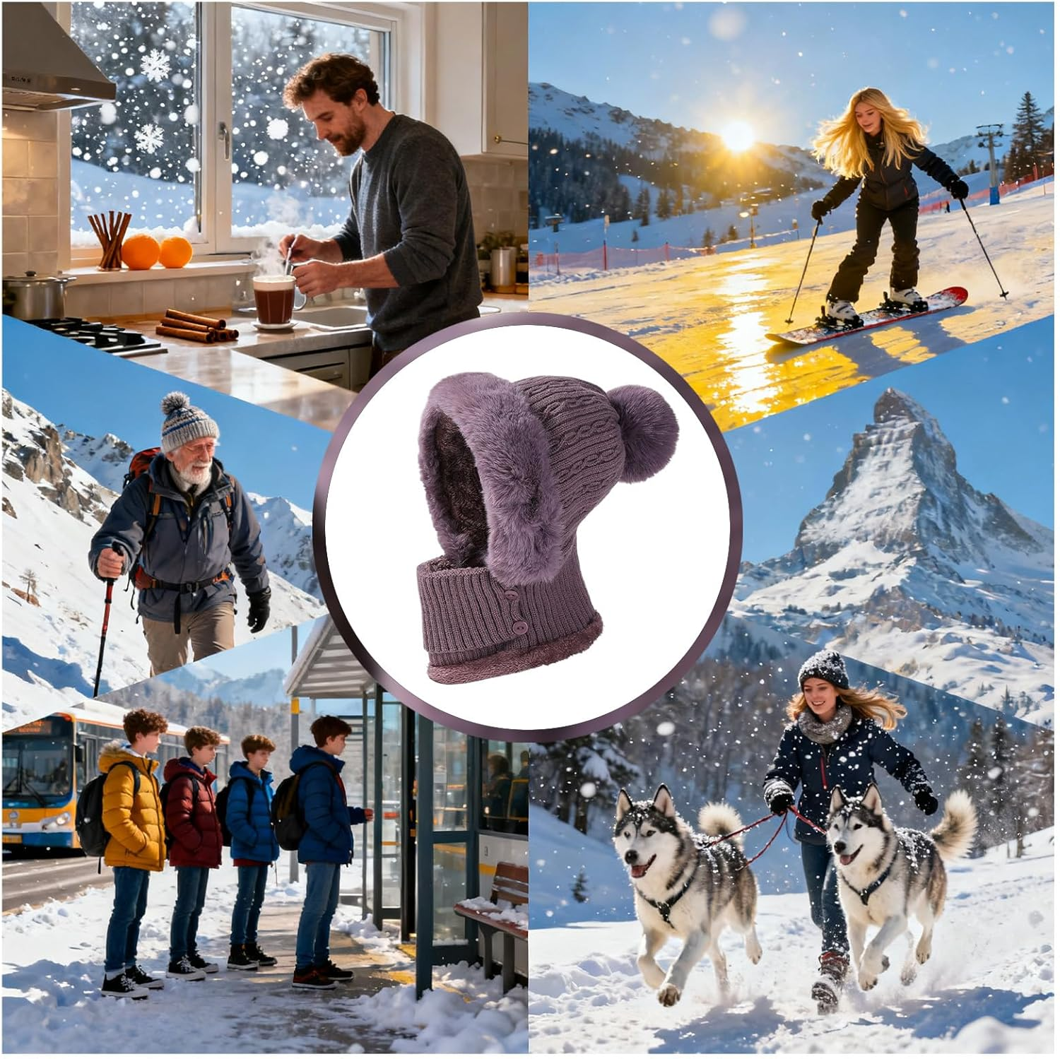 Winter Hats for Women,Knitted Face Cover - Winter Hat with Scarf | for Lady Grandma Mother Traveling Hiking Cycling Skiing Snowboarding Biking image number 1